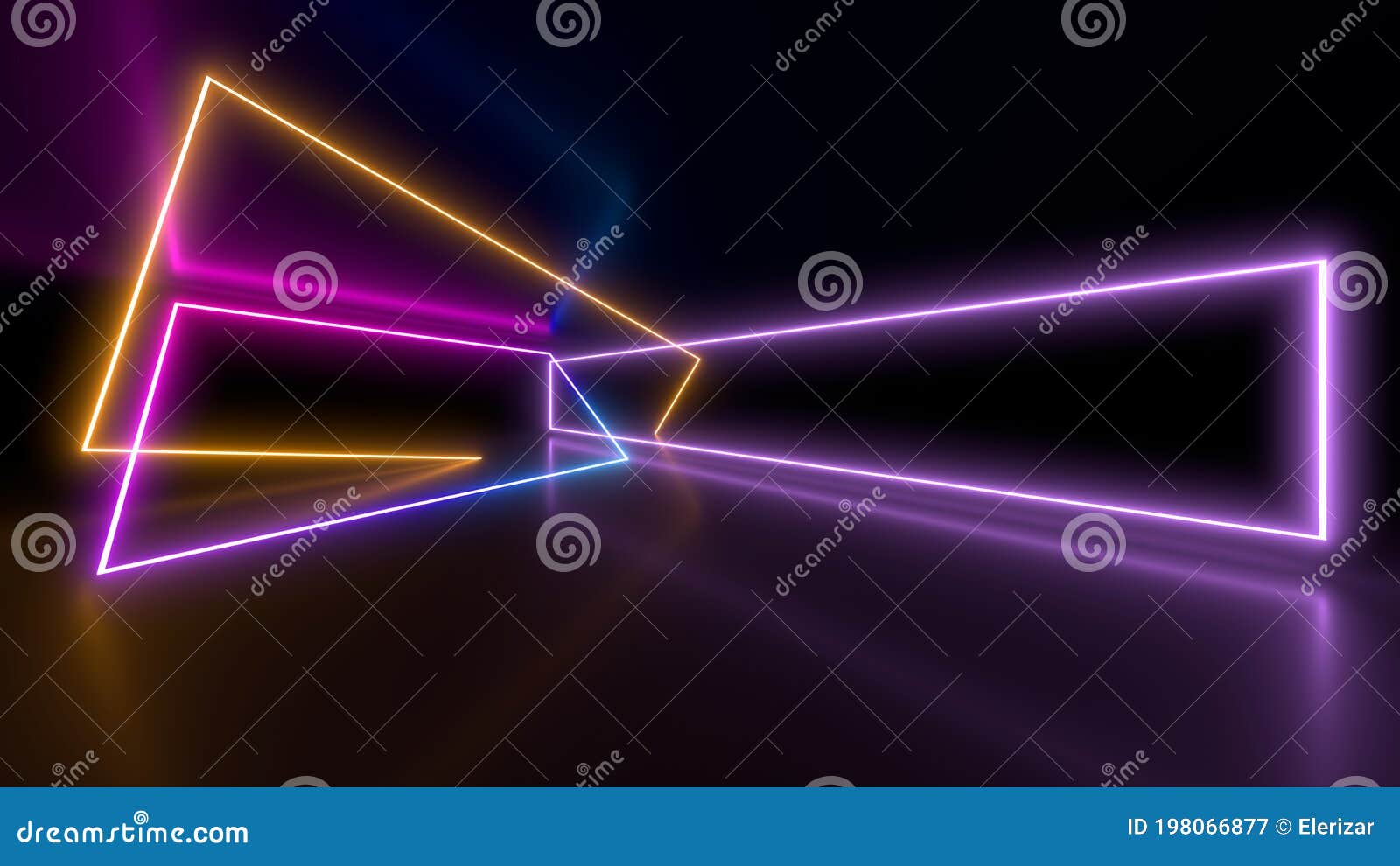 Neon Lights on a Black Background. Reflections on the Floor. 3d