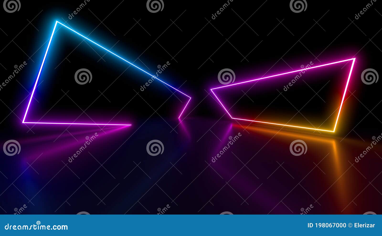 Neon Lights on a Black Background. Reflections on the Floor. 3d