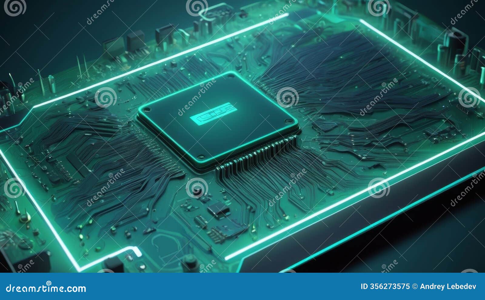 neon-lit computer motherboard with circuit tracks and chips