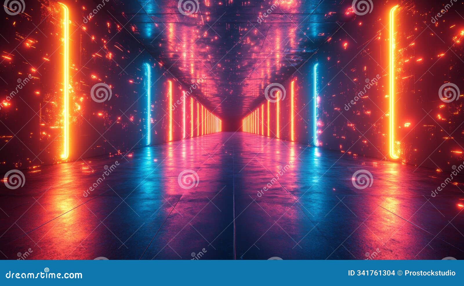 neon-lit corridor with vibrant colors and reflections creates a futuristic atmosphere in an immersive digital space