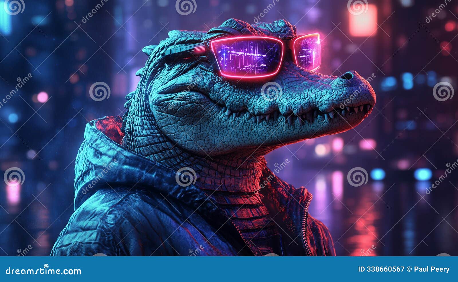 neon-lit reptilian in a futuristic hoodie set against a cyber city background