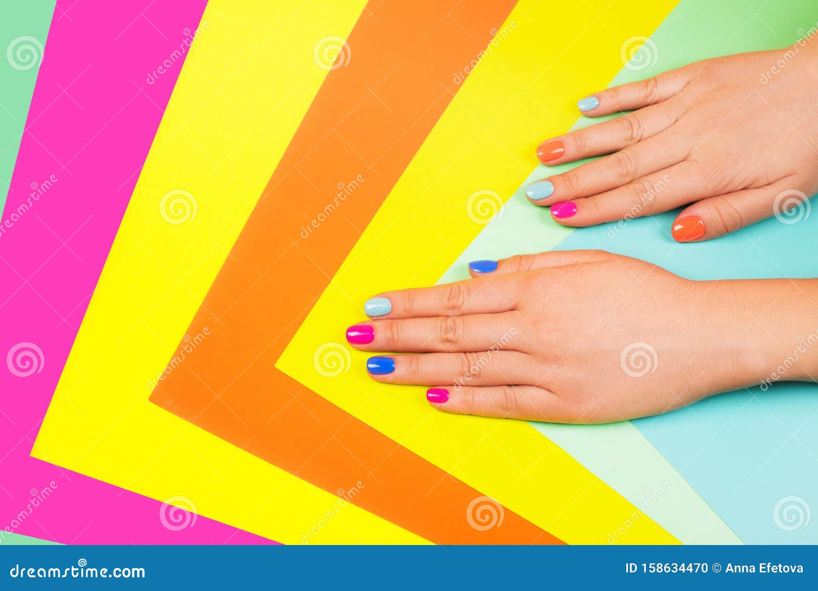 Neon Manicure on Multicolored Bright Background in Trendy Colors. Stock ...