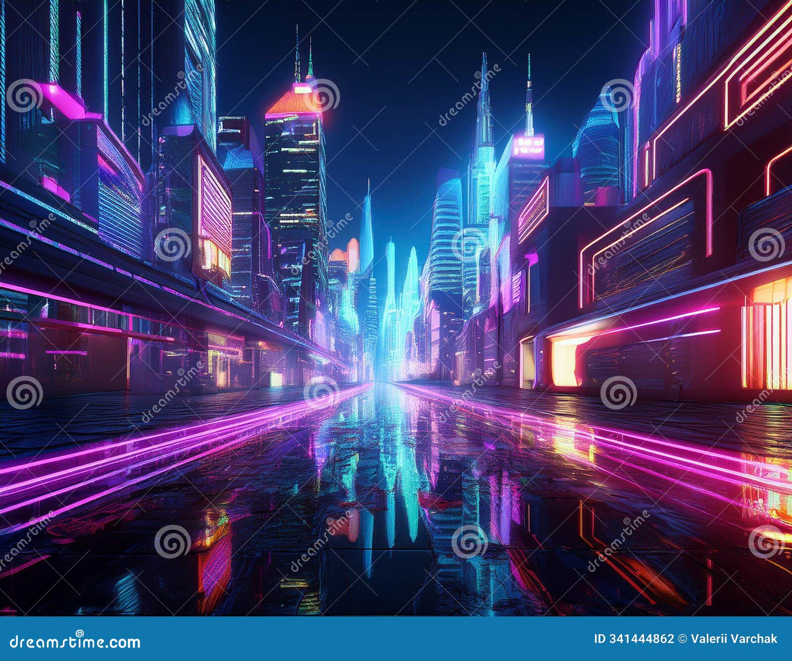 neon megacity: 3d rendering with light reflection from puddles on street