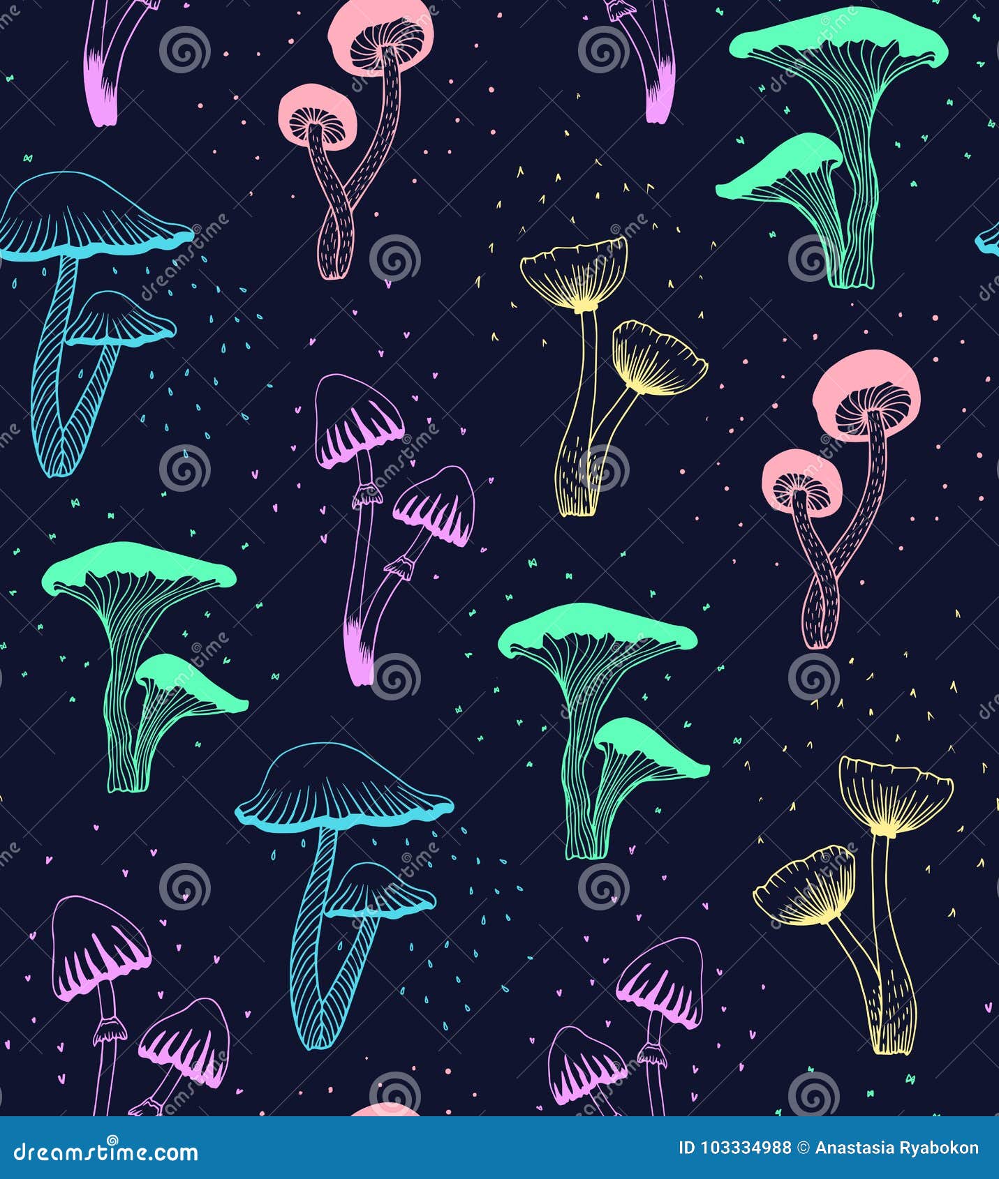 neon mushrooms handrawn pattern 
