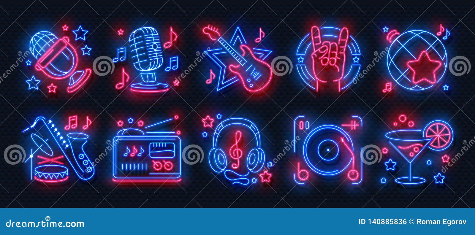 neon party icons. dance music karaoke light signs, glowing concert banner, rock bar disco poster.  retro night