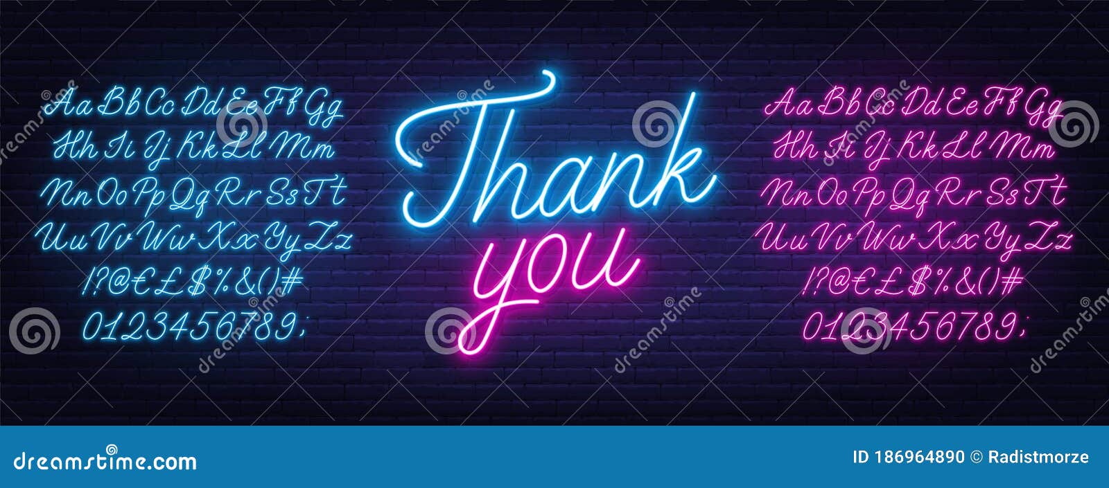 neon pink and blue script font. glowing alphabet with letters, numbers and special characters.