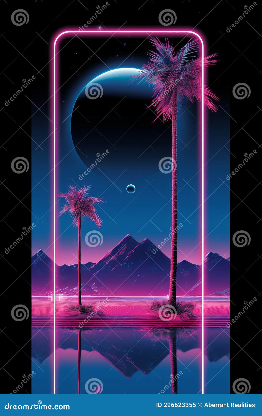 A Neon Pink Phone with Palm Trees and a Moon in the Background Stock