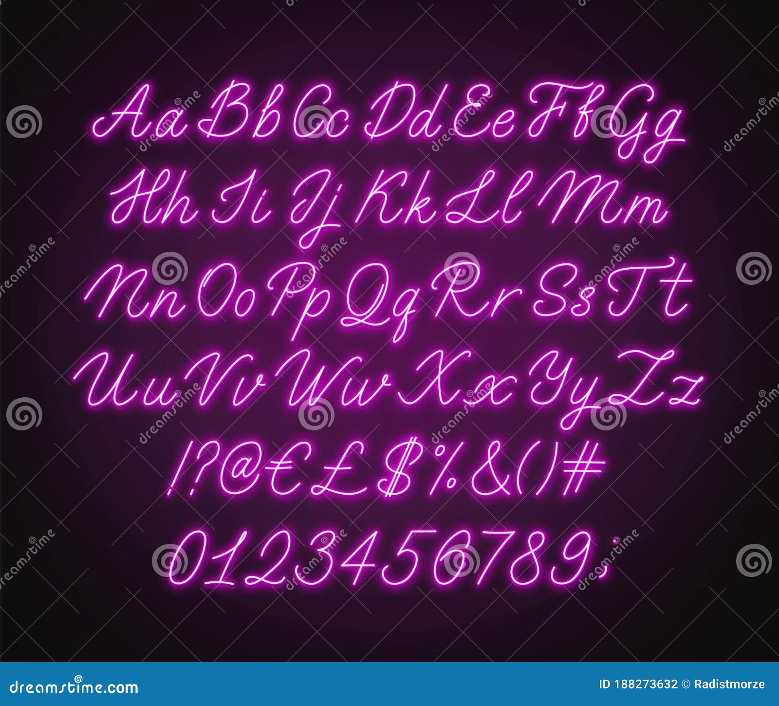 neon pink script alphabet. glowing cursive font with letters, numbers and special characters.