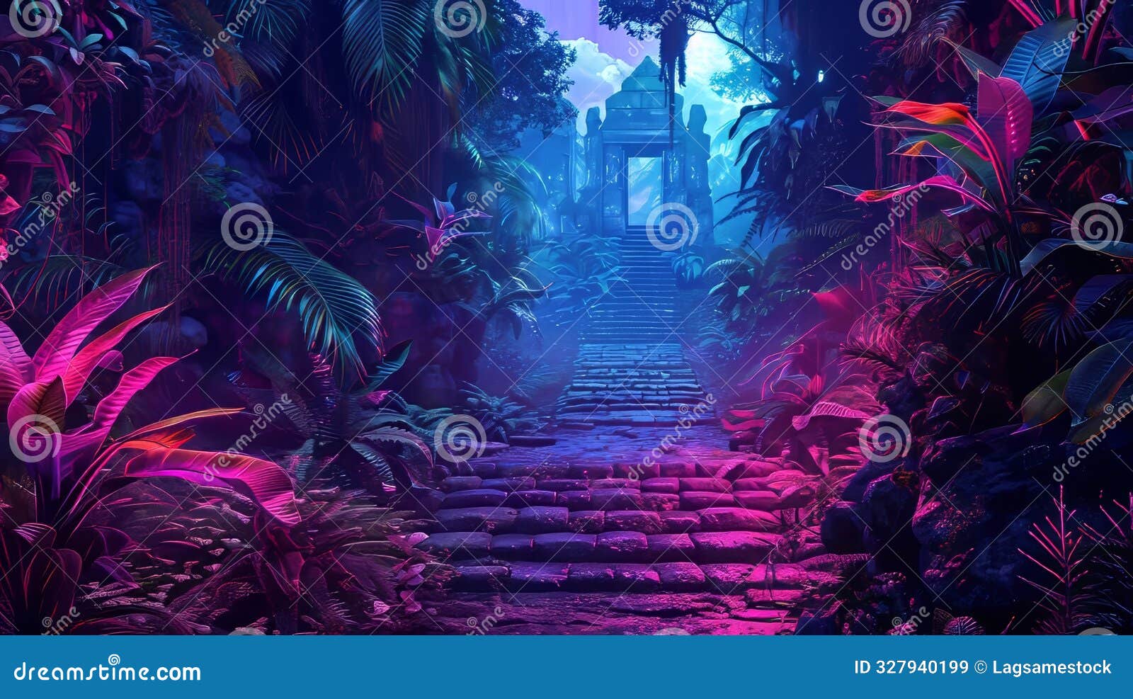 neon rainforest pathway leading to an ancient temple illuminated by glowing flora and fauna