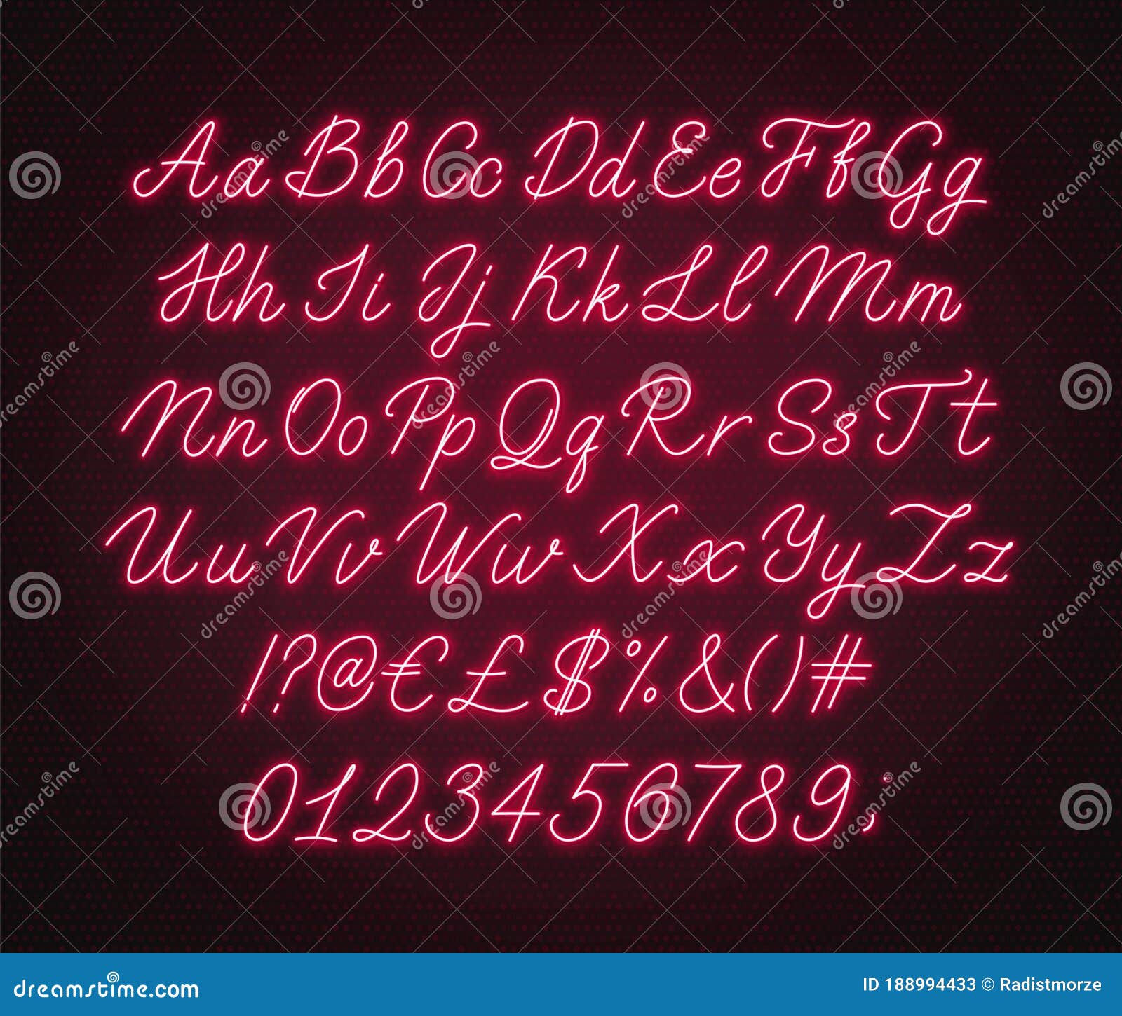 Neon Red Script Alphabet Glowing Cursive Font With Letters Numbers