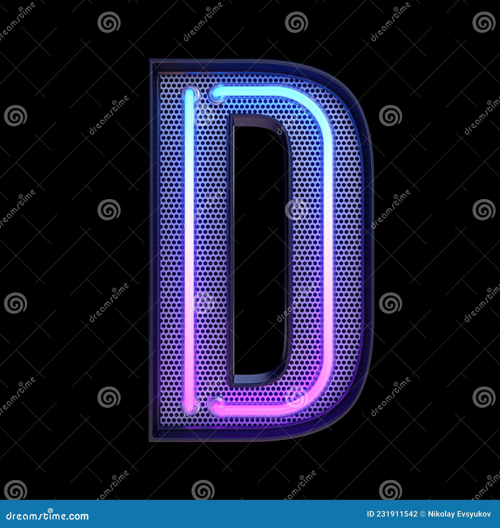 neon retro light alphabet letter d  on a black background with clipping path. 3d 