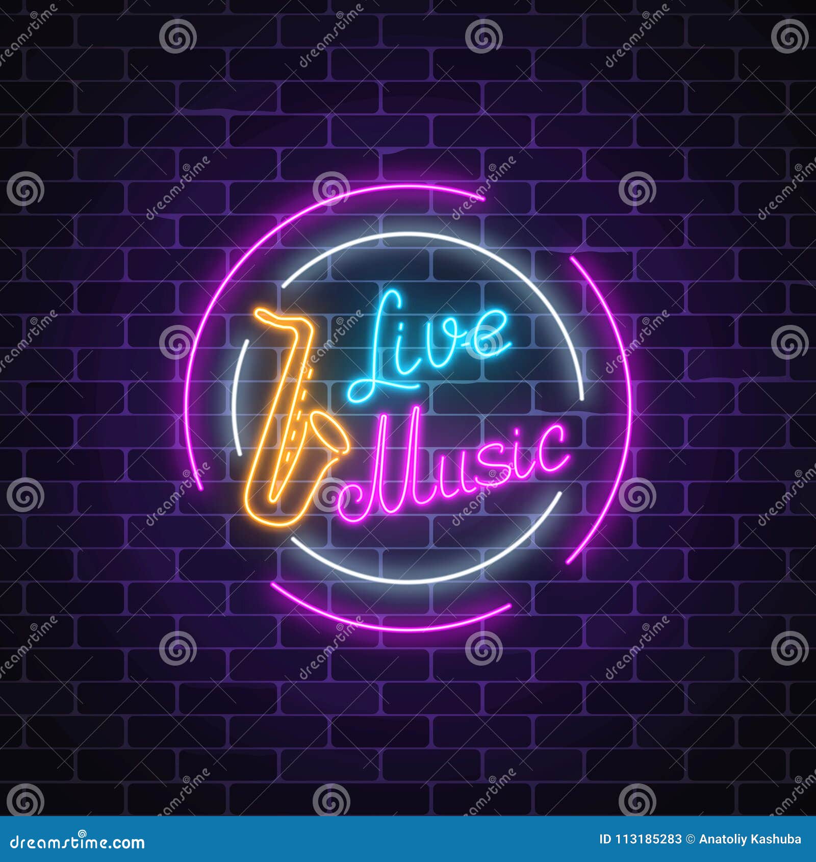 Neon Sign Of Bar With Live Music Advertising Glowing Signboard Of Sound Cafe With Saxophone Symbol Stock Vector Illustration Of Entertainment Background 113185283