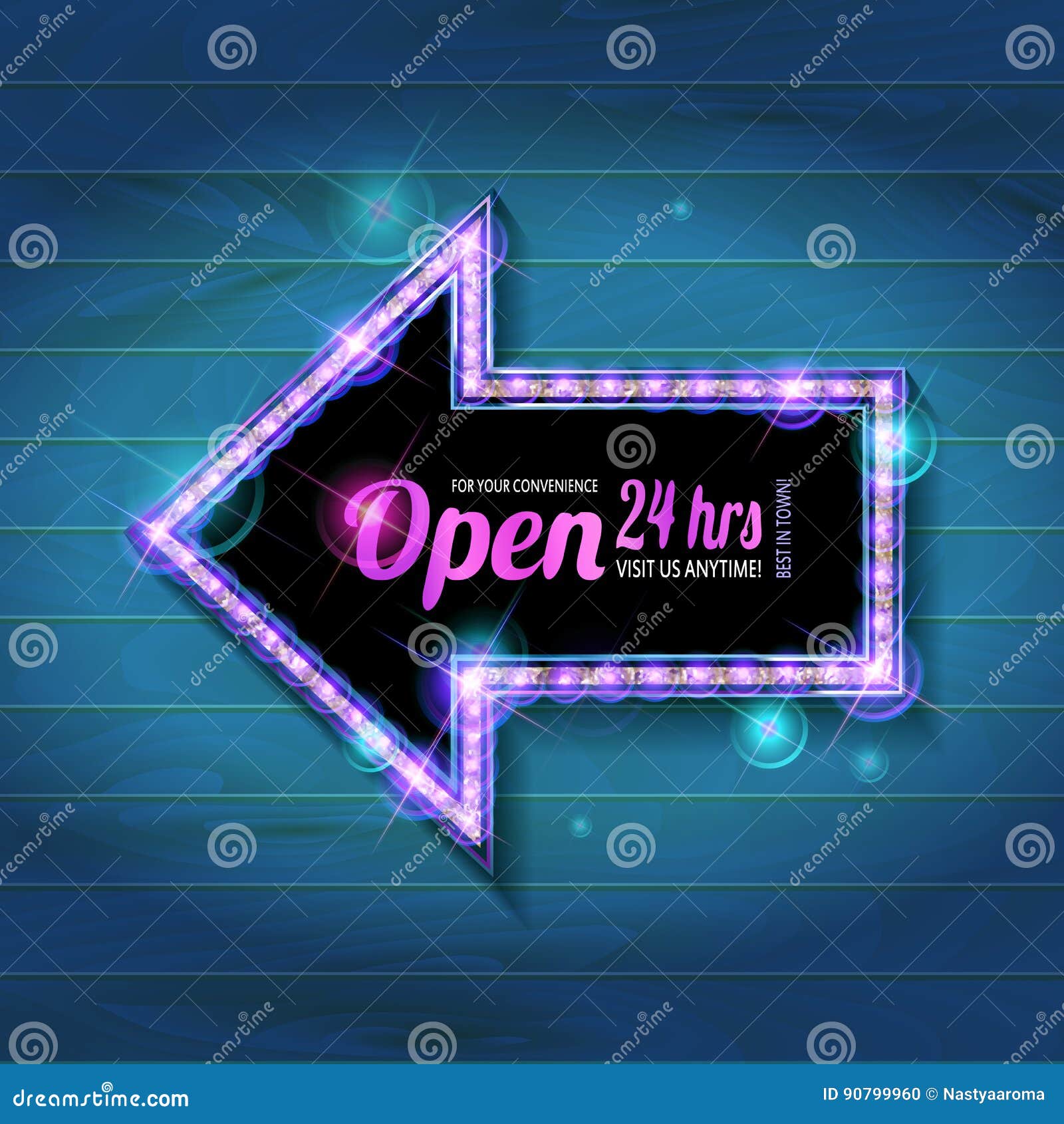 Neon Sign Set on Wooden Background. Stock Illustration Illustration