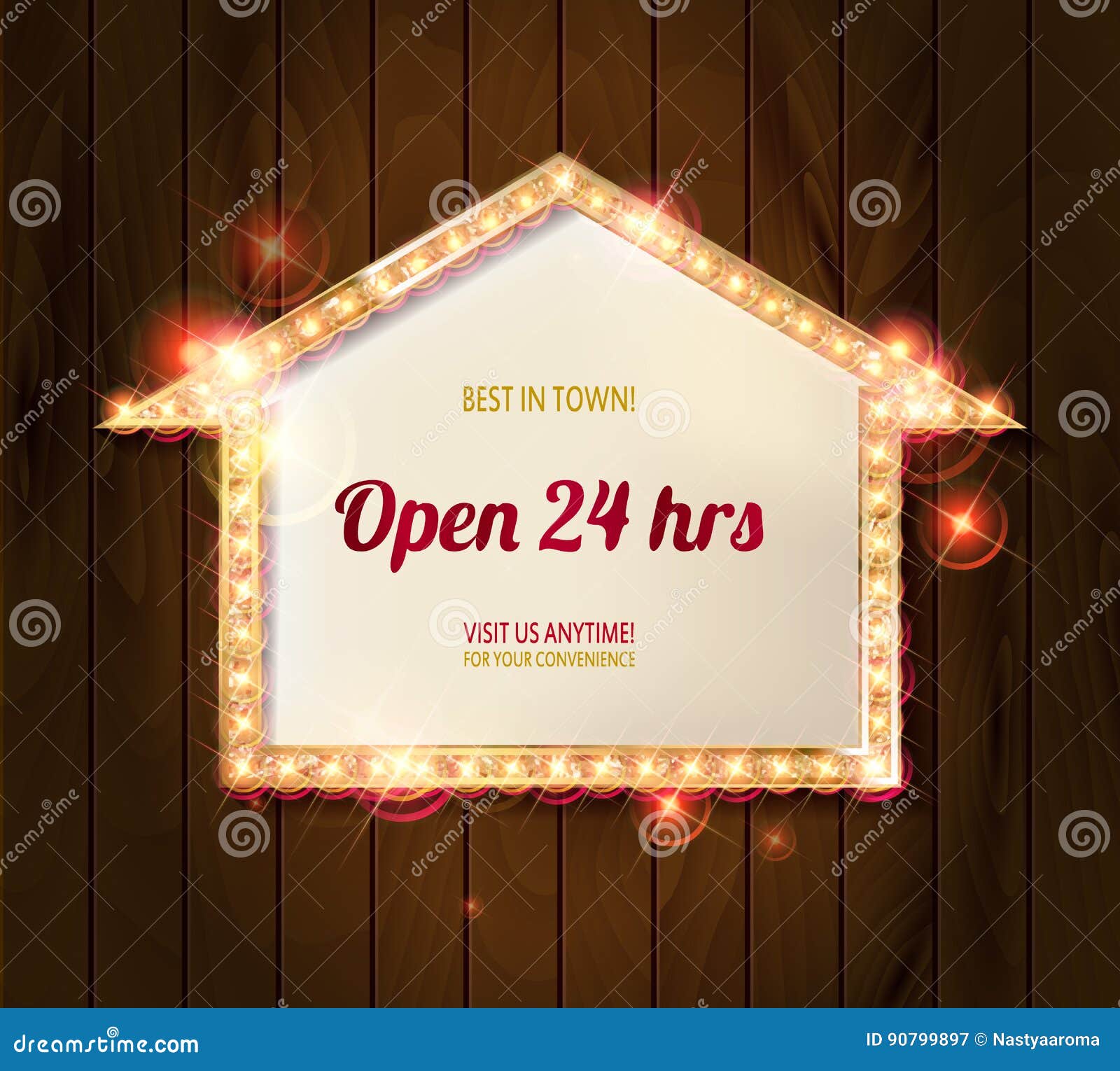 Neon Sign Set on Wooden Background. Stock Illustration Illustration