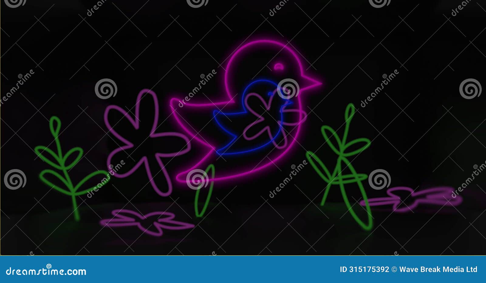 neon sign showing bird in flight decorates a dark room, casting a colorful glow