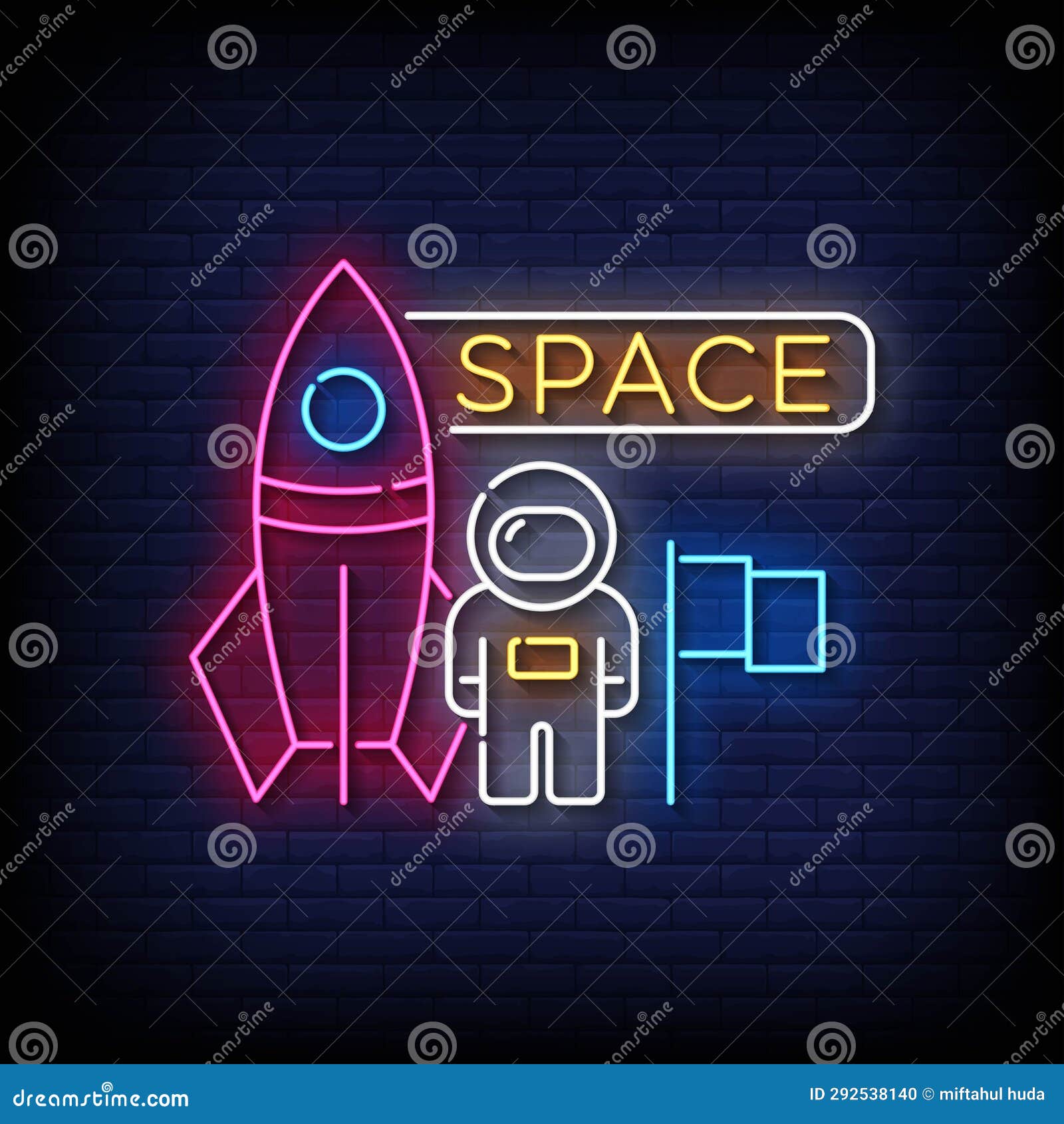 neon sign space astronout with brick wall background 