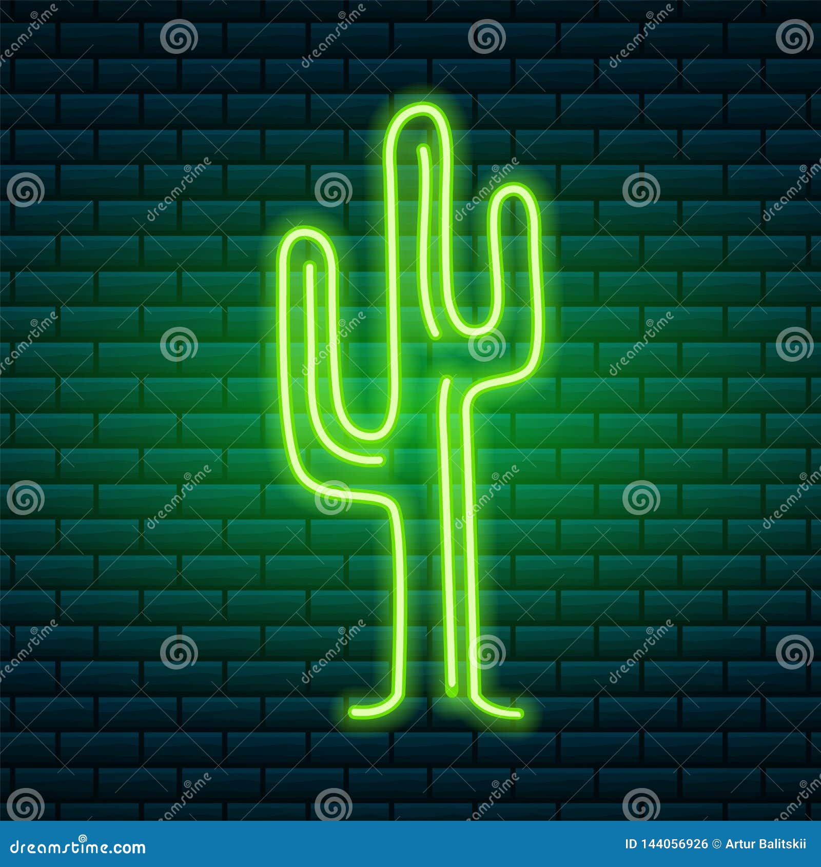 Neon Signs and Icons. Green Cactus and Tropical Plant. Night