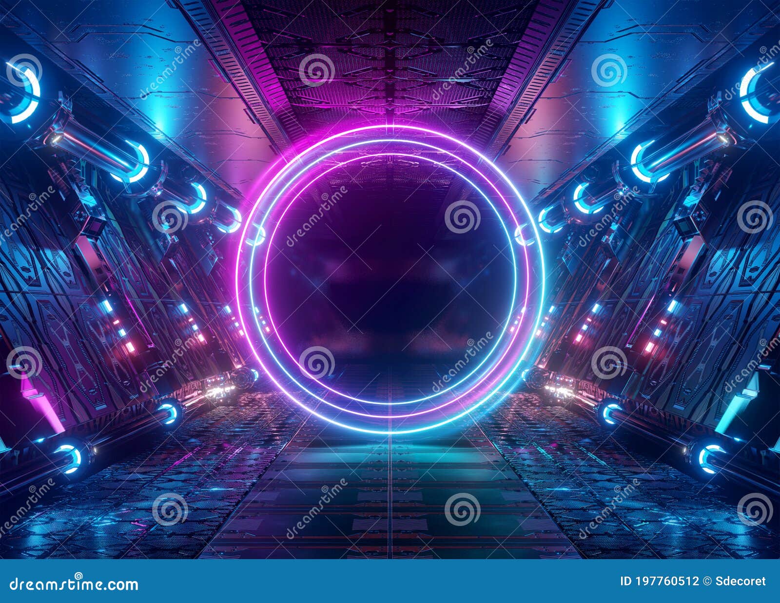 Download Neon Style Circle Mockup In Spaceship. Blue And Pink ...