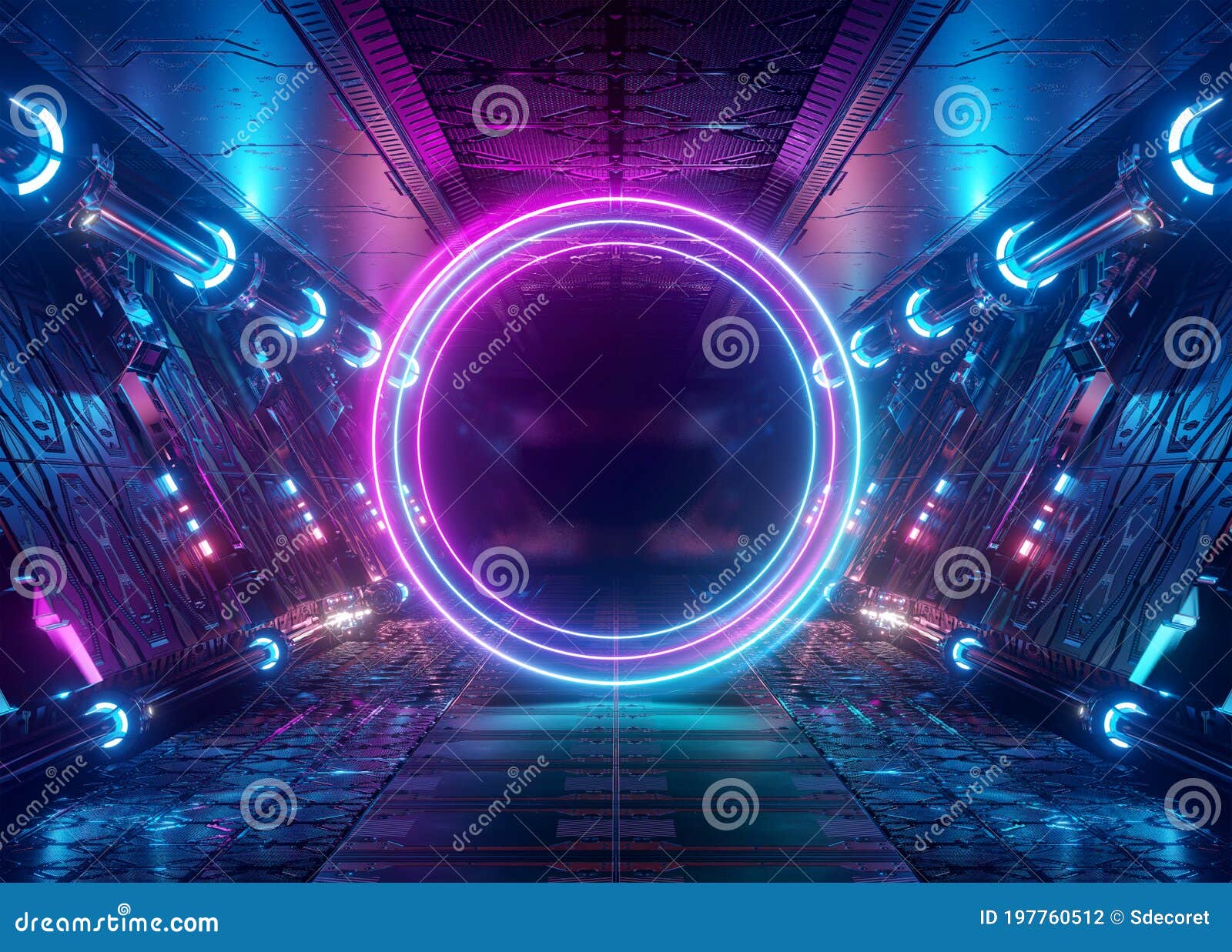 Download Neon Style Circle Mockup In Spaceship. Blue And Pink Modern Hologram Illuminated By Lights In ...