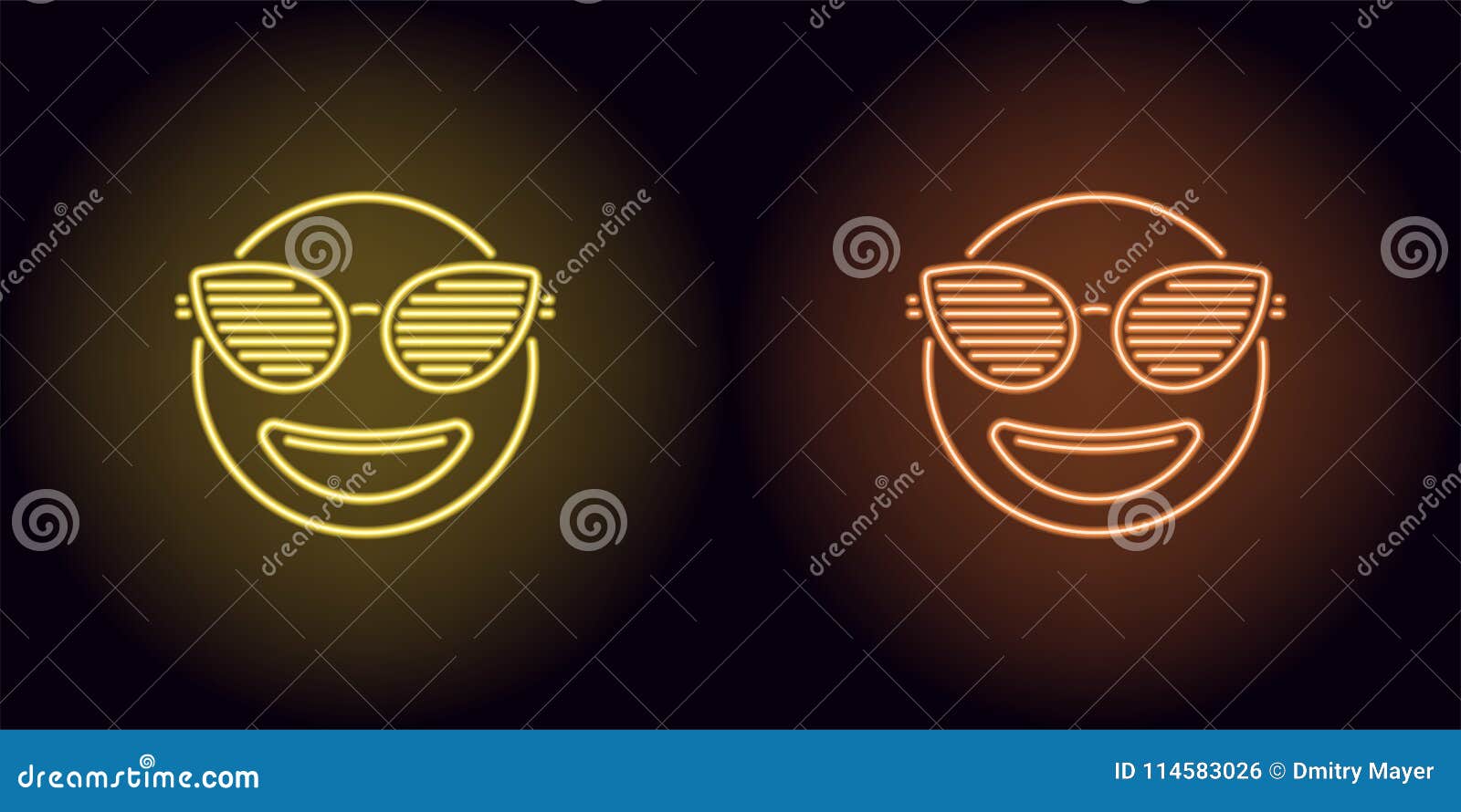 Neon stylish emoji in yellow and orange color. Vector illustration of neon emoji with fashionable club glasses, with backlight on the dark background