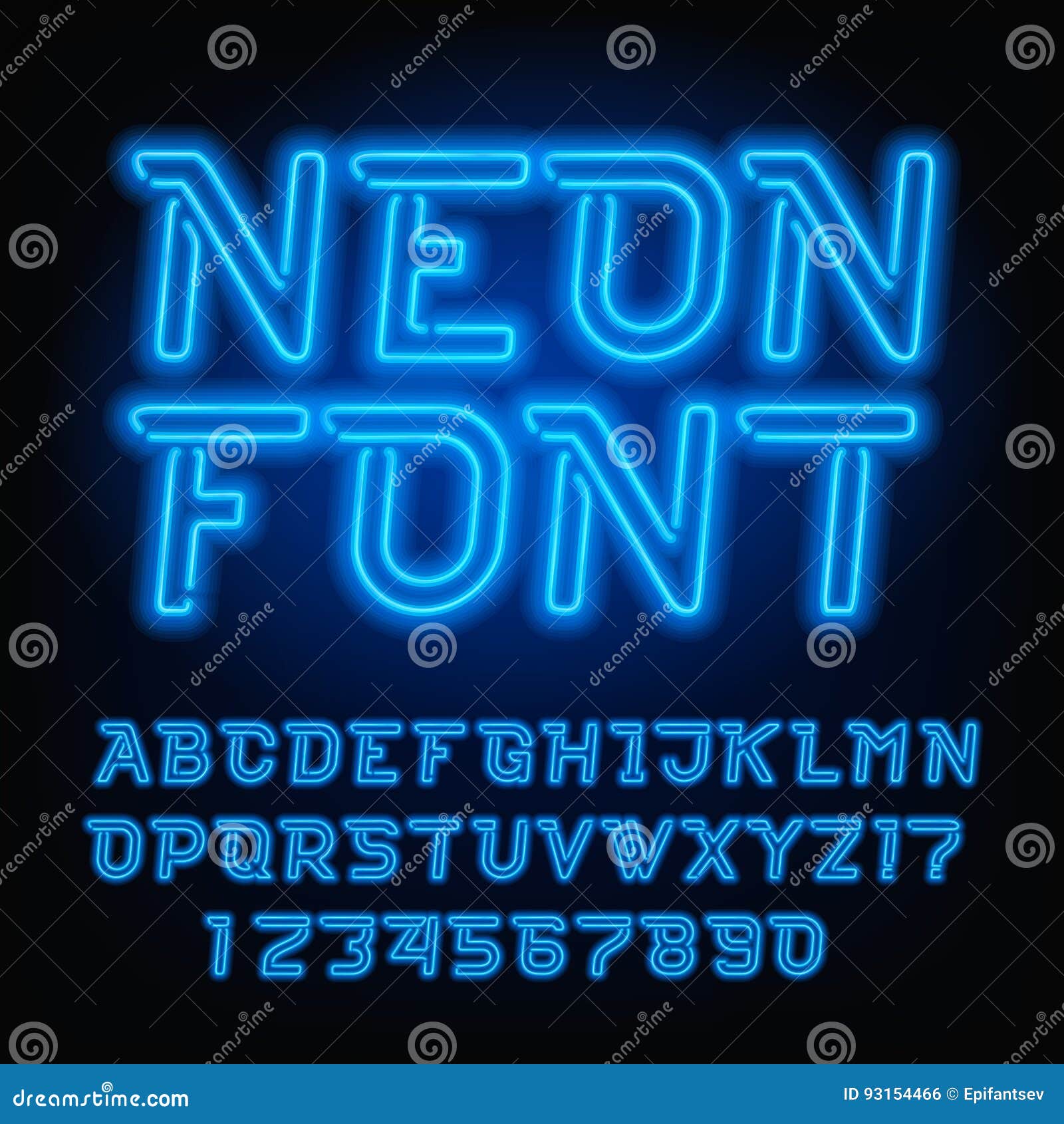 Neon Tube Alphabet Font. Blue Color Oblique Type Letters and Numbers ...