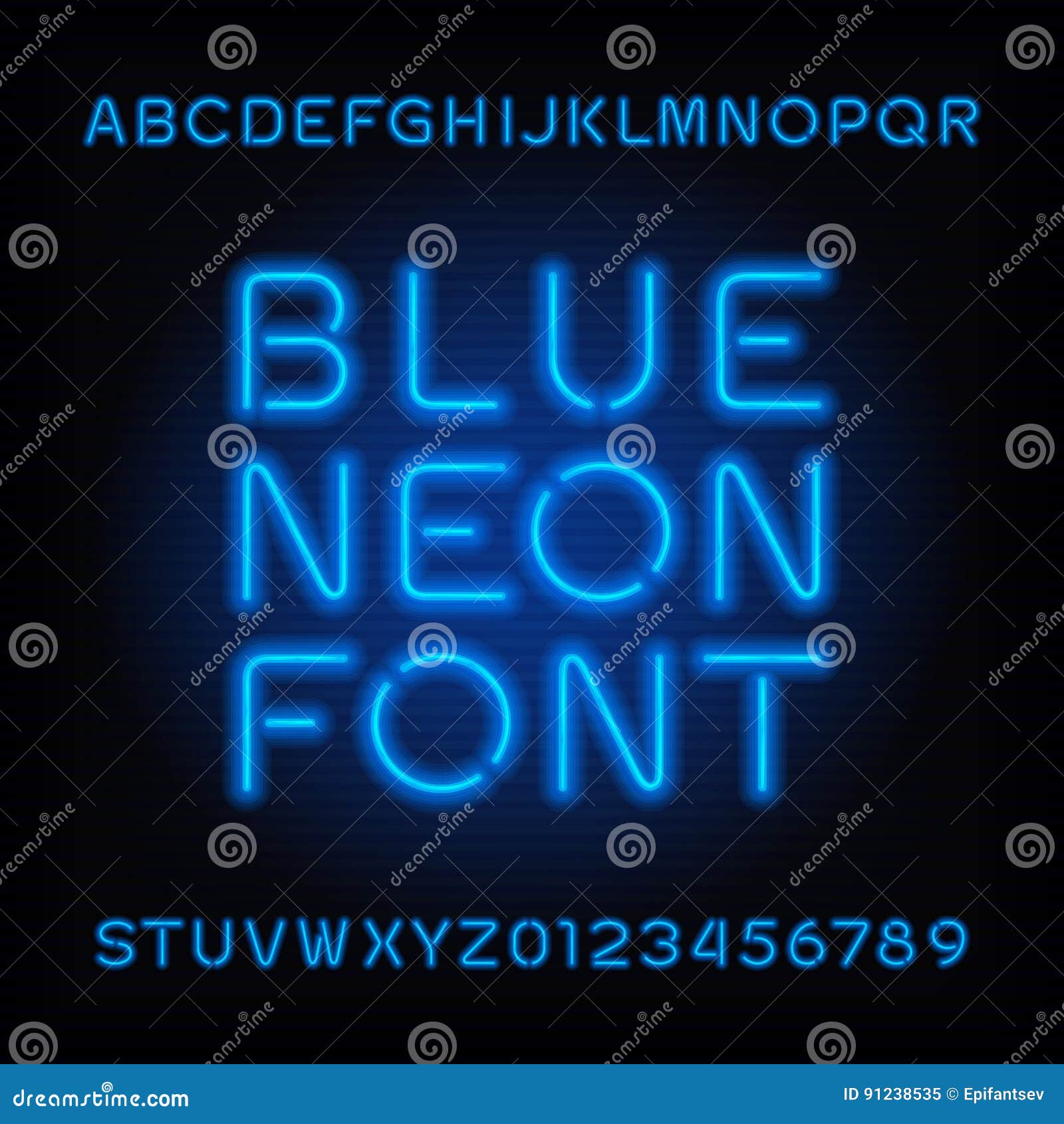 Neon Tube Alphabet Font. Blue Color Type Letters and Numbers Stock ...