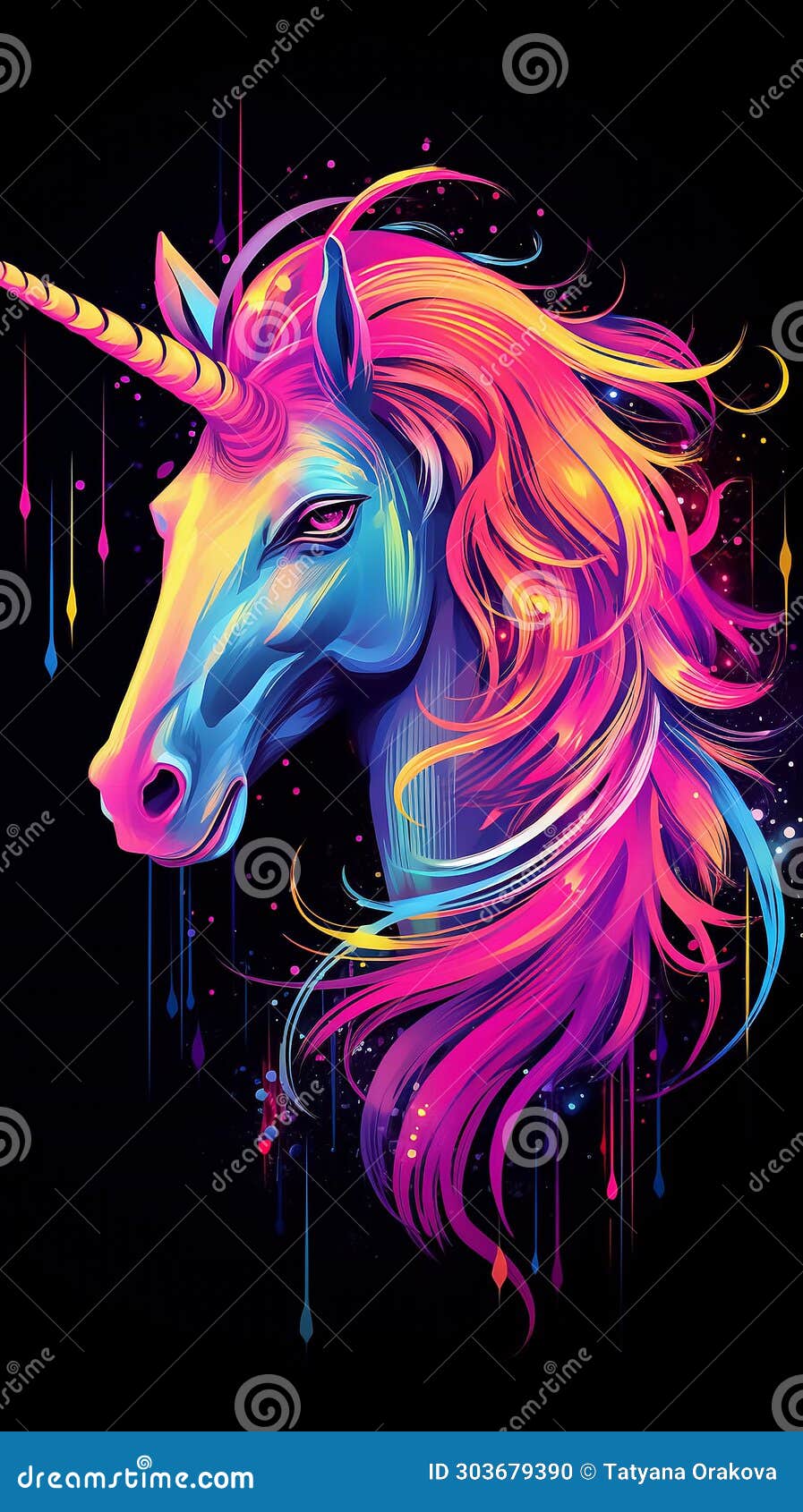 Neon Unicorn on a Black Background. Stock Photo - Image of contemporary