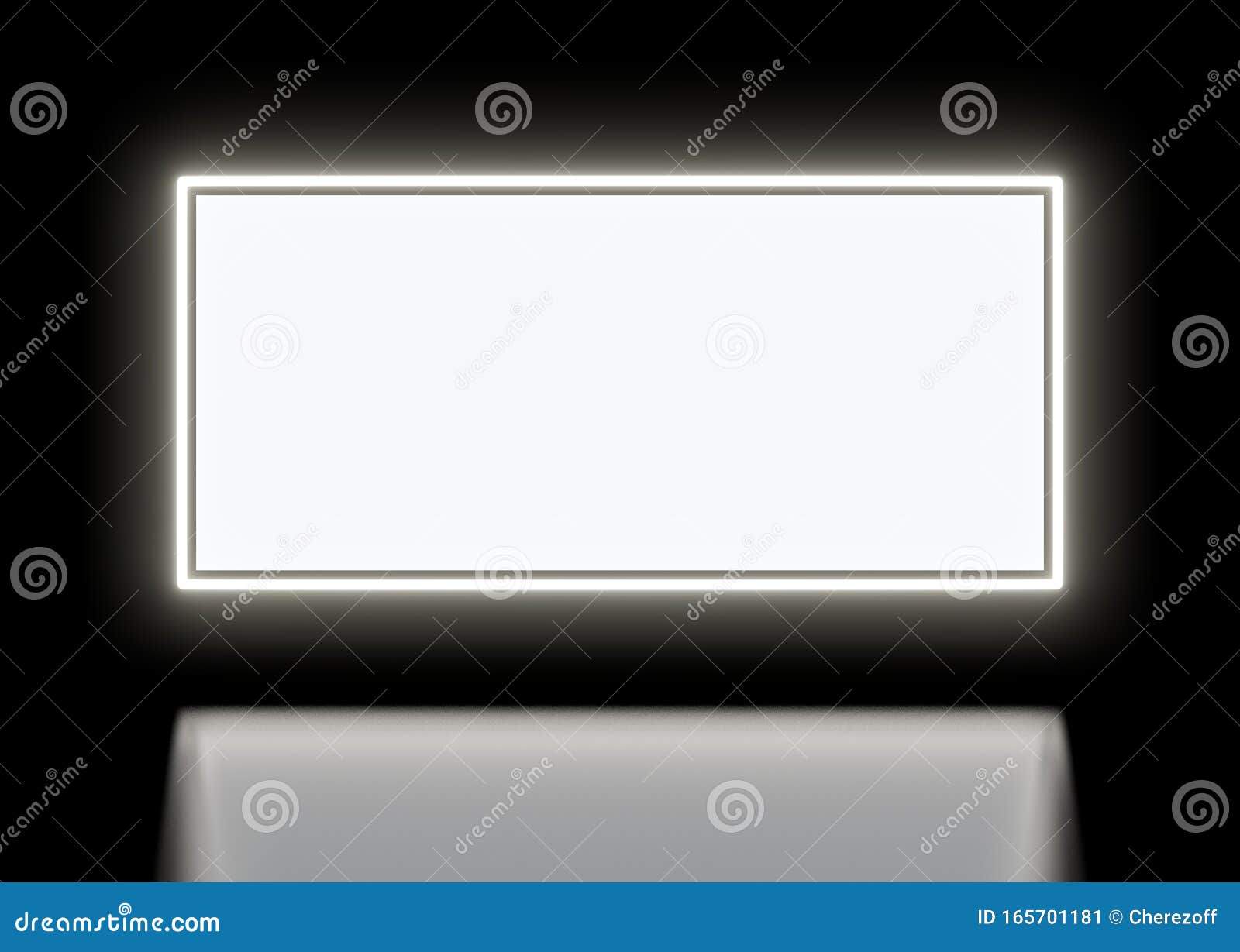 Neon white sign on a black background with a black mirror floor by