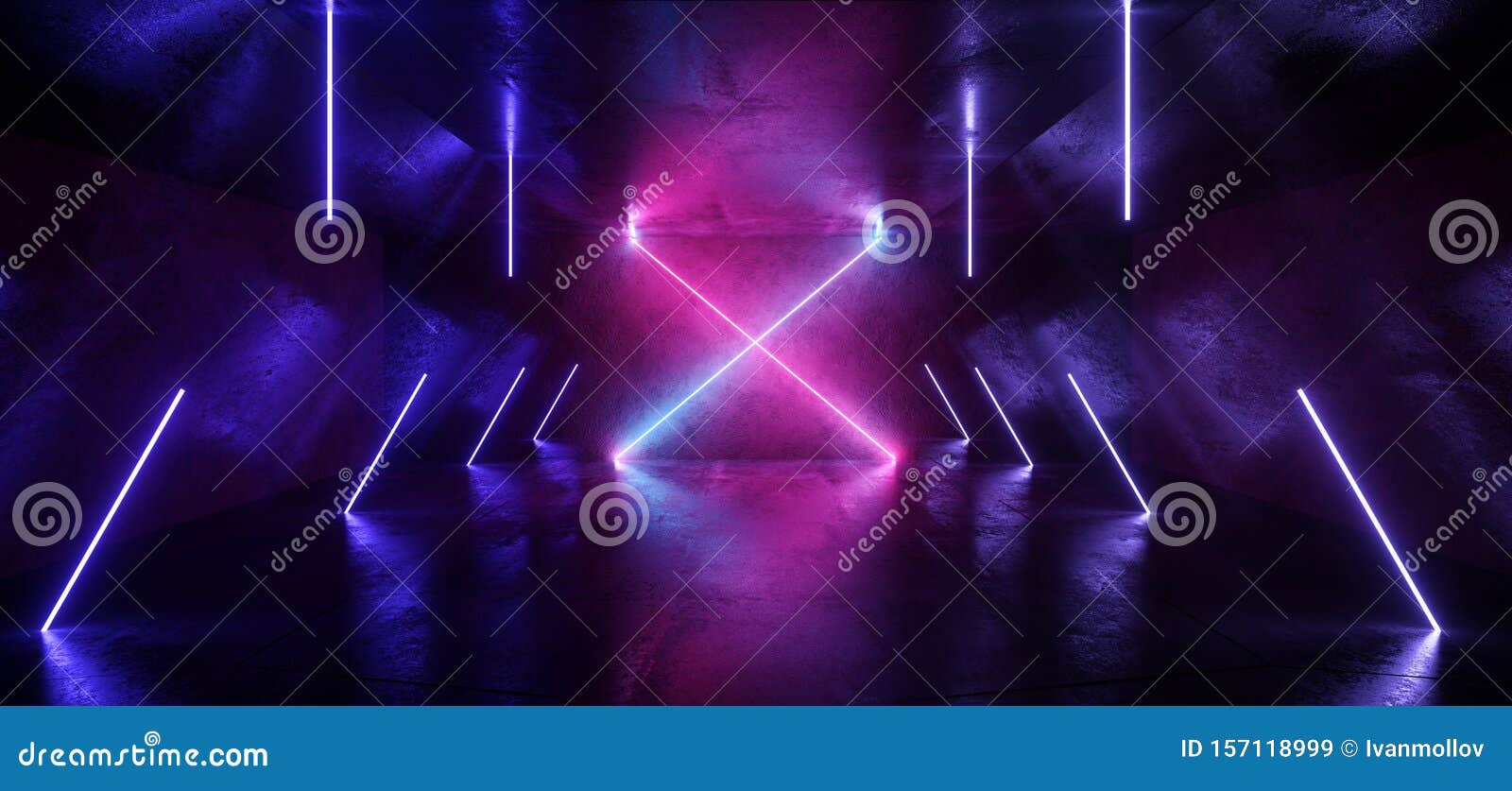 neon x  tube lights futuristic sci fi glowing purple blue vibrant laser beams showroom concrete dark empty background tunnel