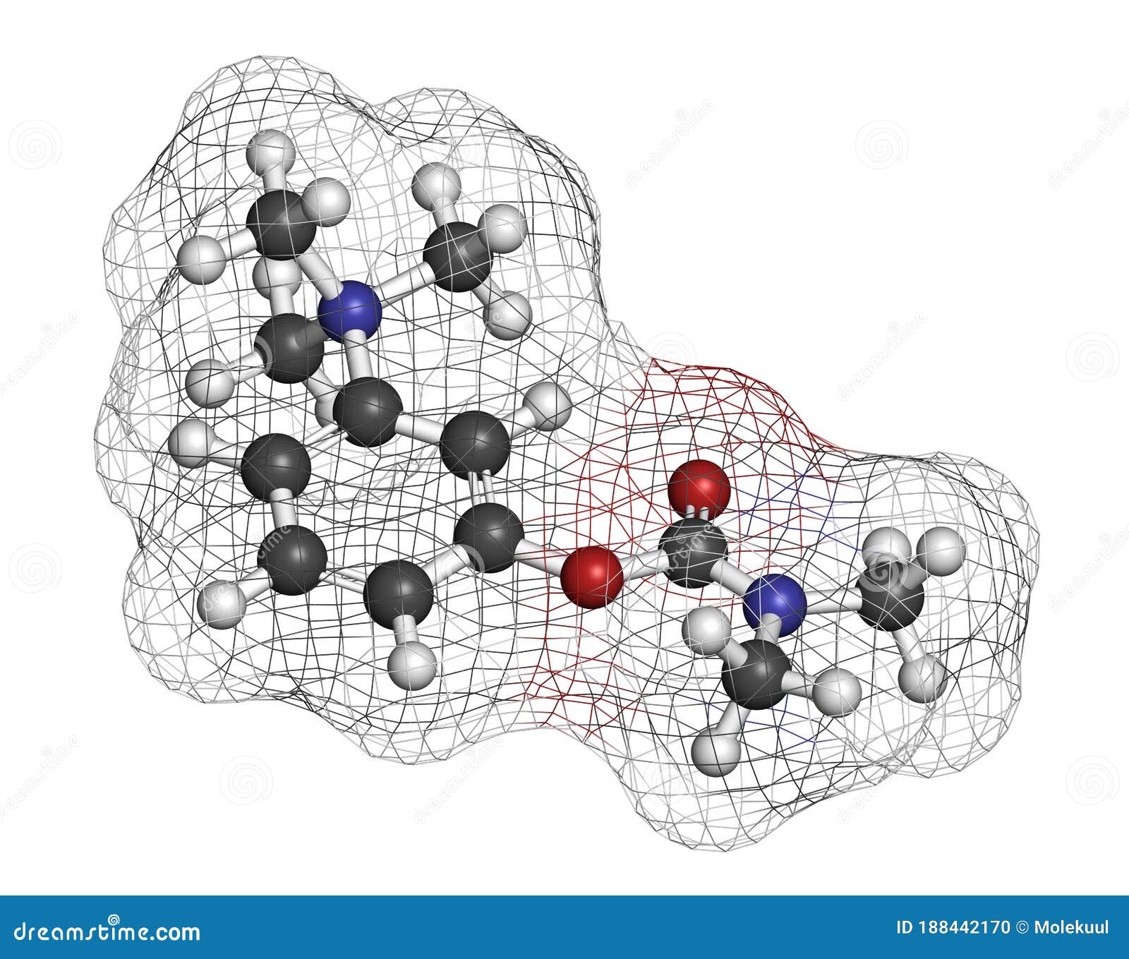 neostigmine drug molecule. atoms are represented as spheres with conventional color coding: hydrogen (white), carbon (grey),