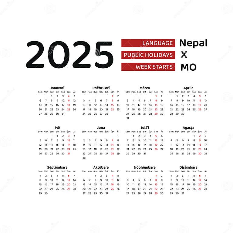Nepal Calendar 2025. Week Starts from Monday. Vector Graphic Design
