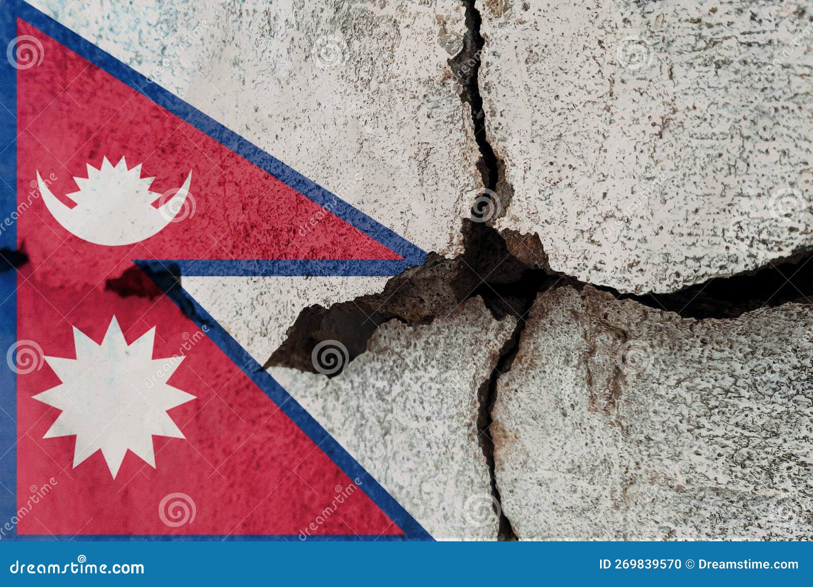 Nepal Flag on Cracked Wall. Earthquake or Drought Concept Stock Photo