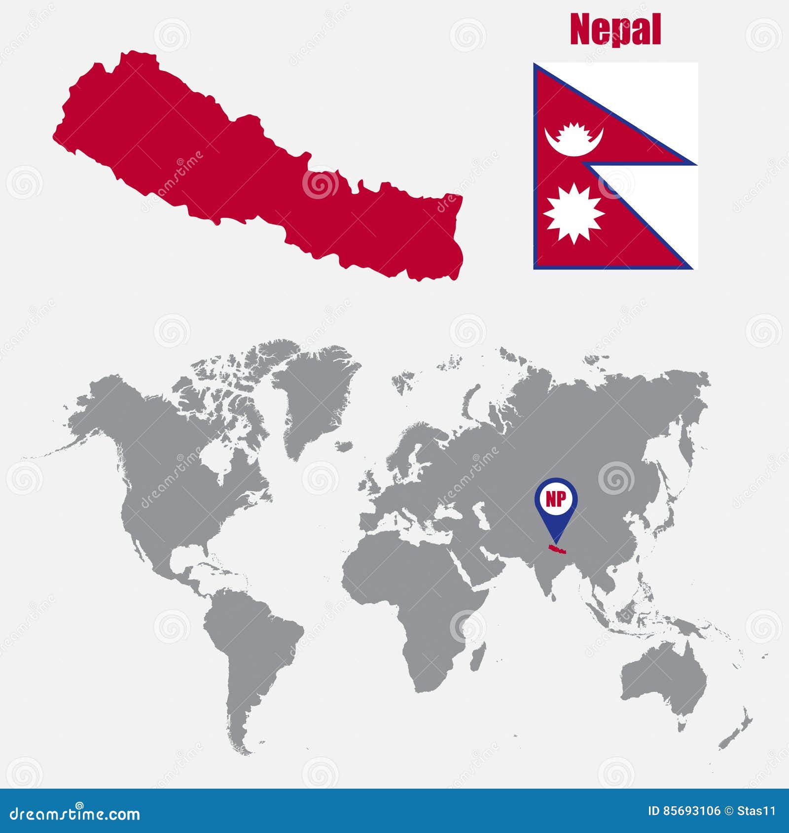 Nepal Map on a World Map with Flag and Map Pointer. Vector Illustration