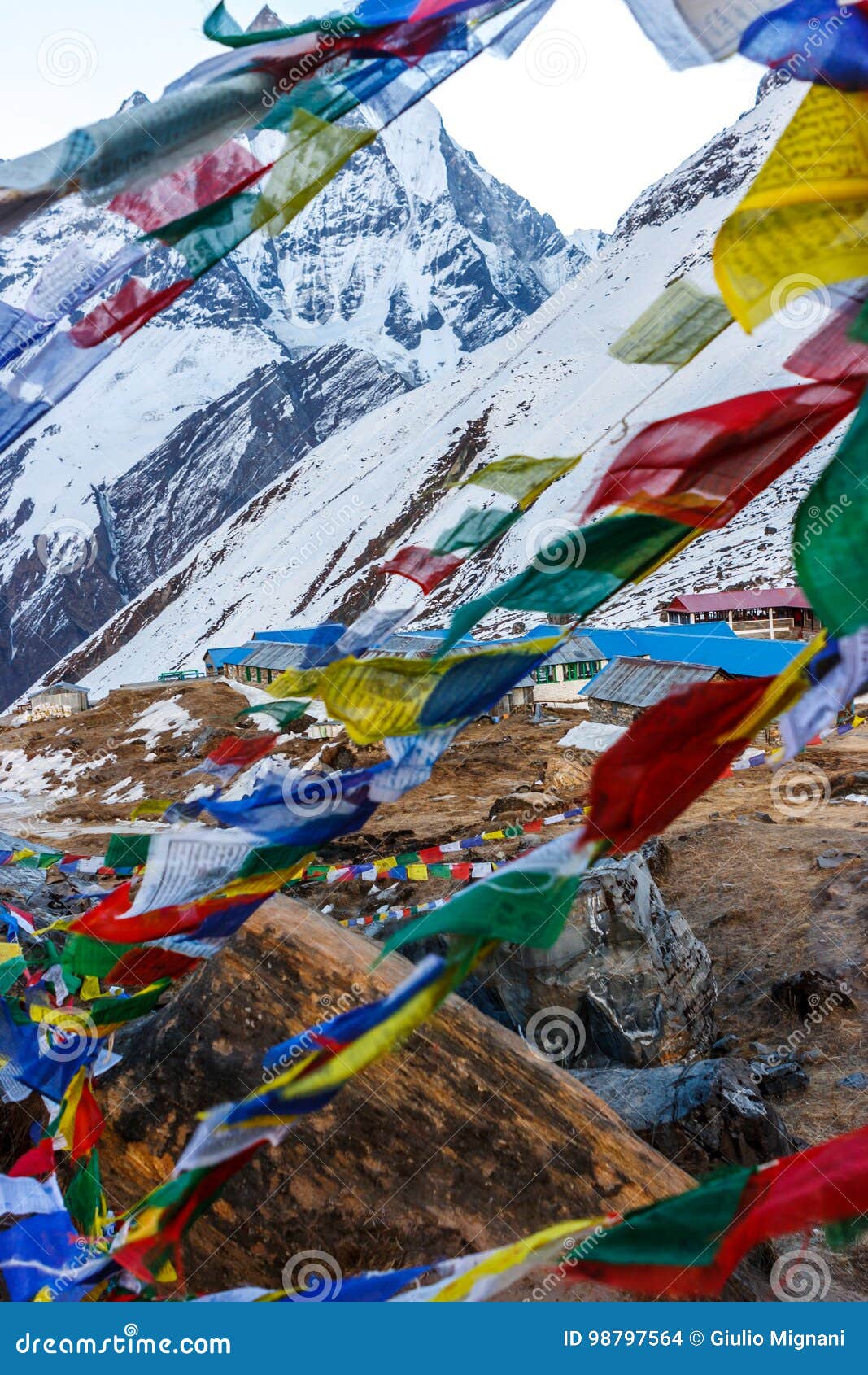 Nepali Flags at the ABC, on the Annapurna Base Camp Trek, Nepal Stock