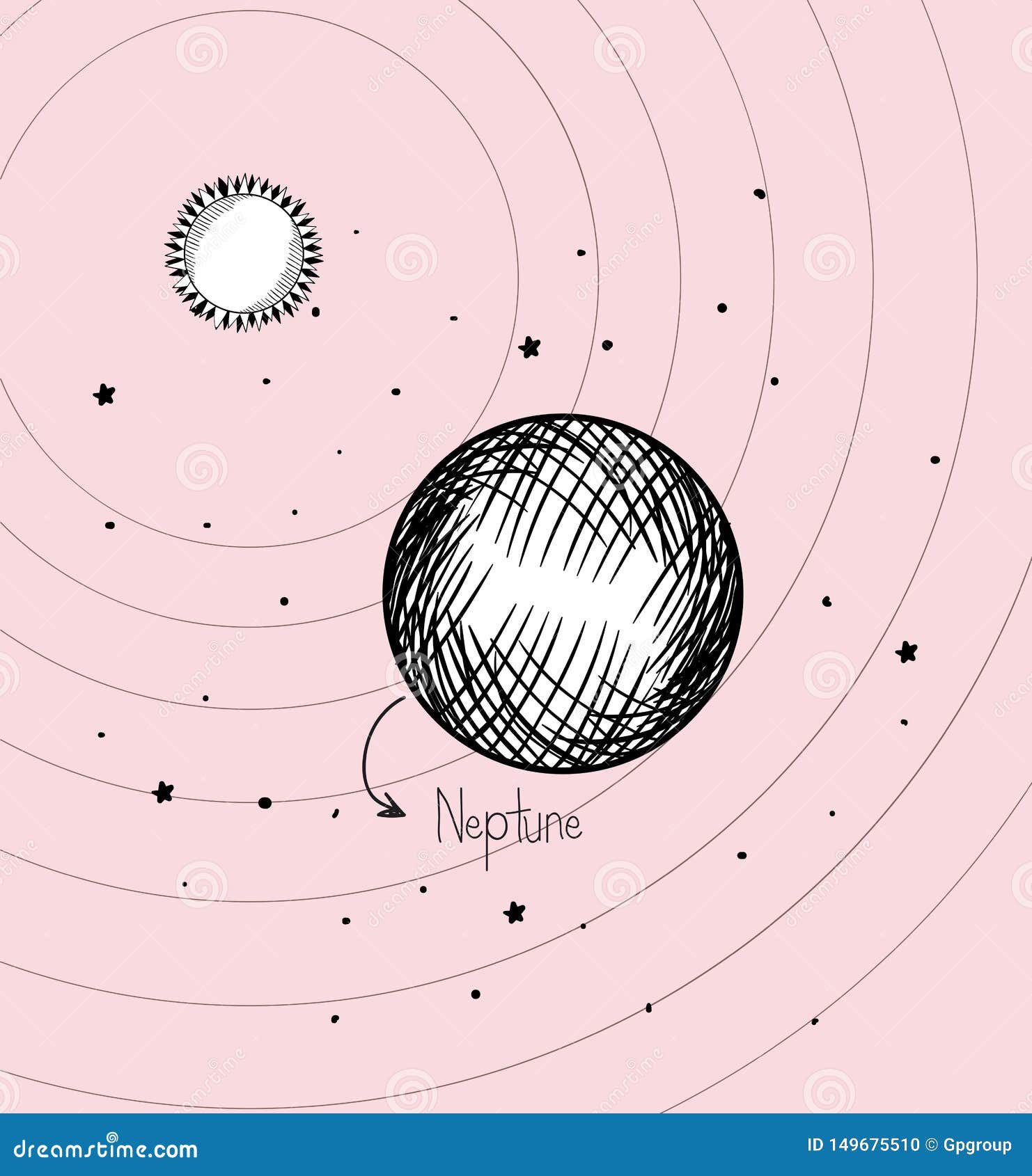 Neptune Planet And Sun Draw Of Solar System Design Stock