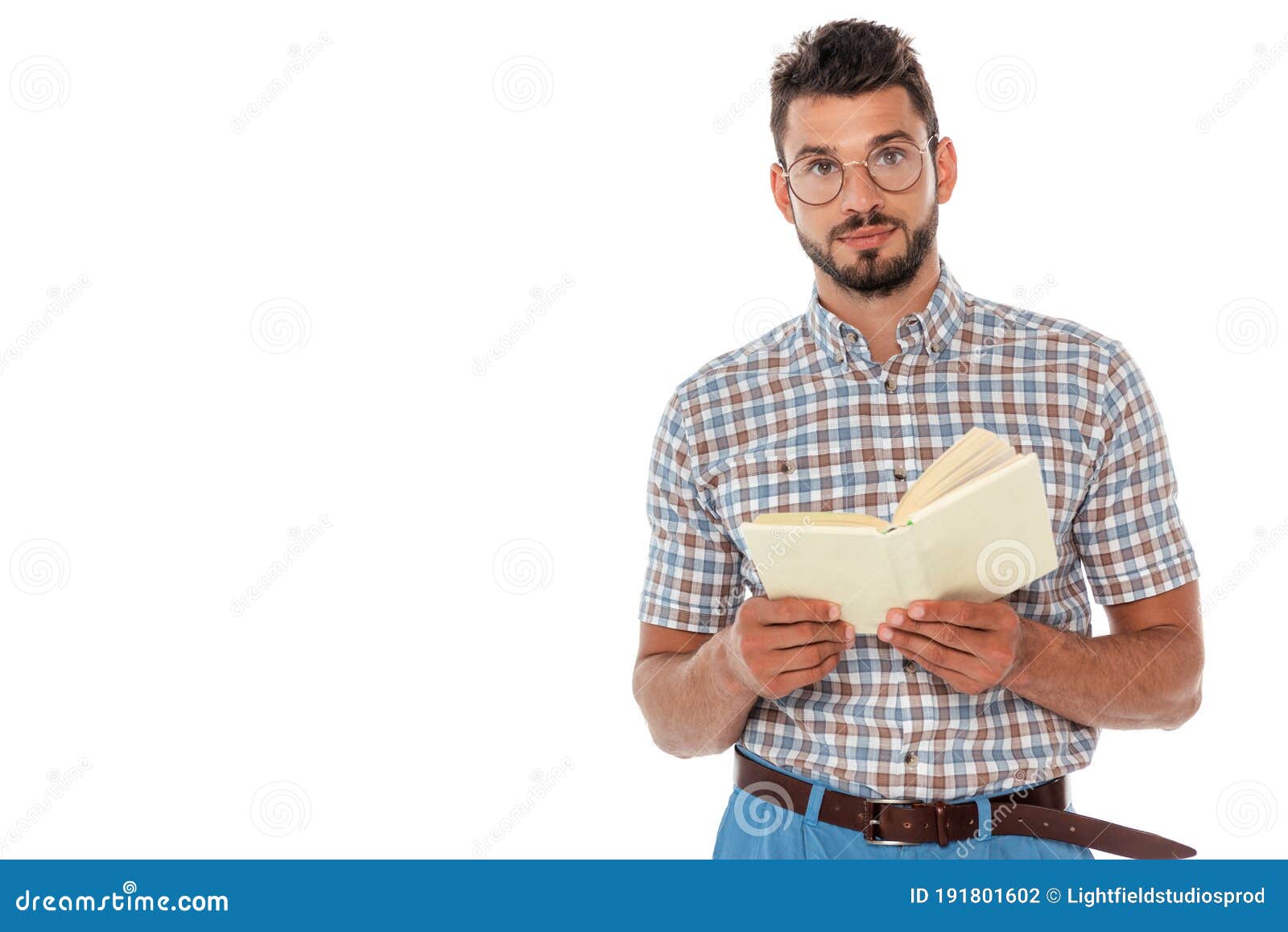 Nerd in Eyeglasses Holding Open Book and Looking at Camera Isolated on ...