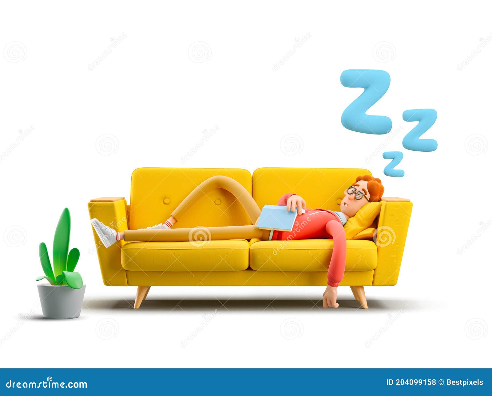 3d . nerd larry sleeping on a yellow sofa.
