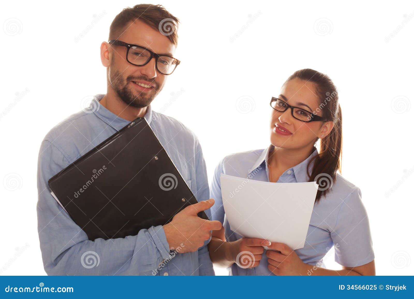 Nerdy Couple Holding Files in a White Background Stock Image - Image of ...