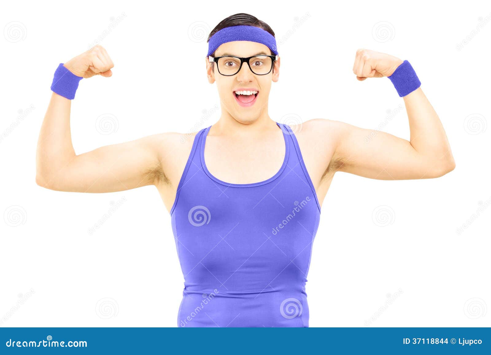 Nerdy Guy in Sportswear Showing Muscles Stock Photo - Image of person ...