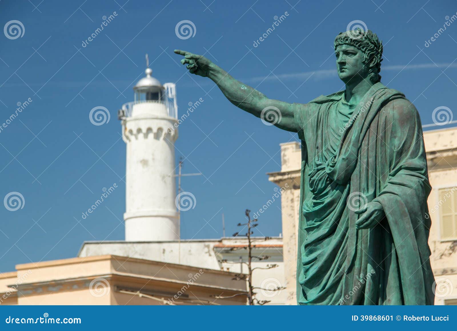 nero statue and lighthouse in anzio, italy