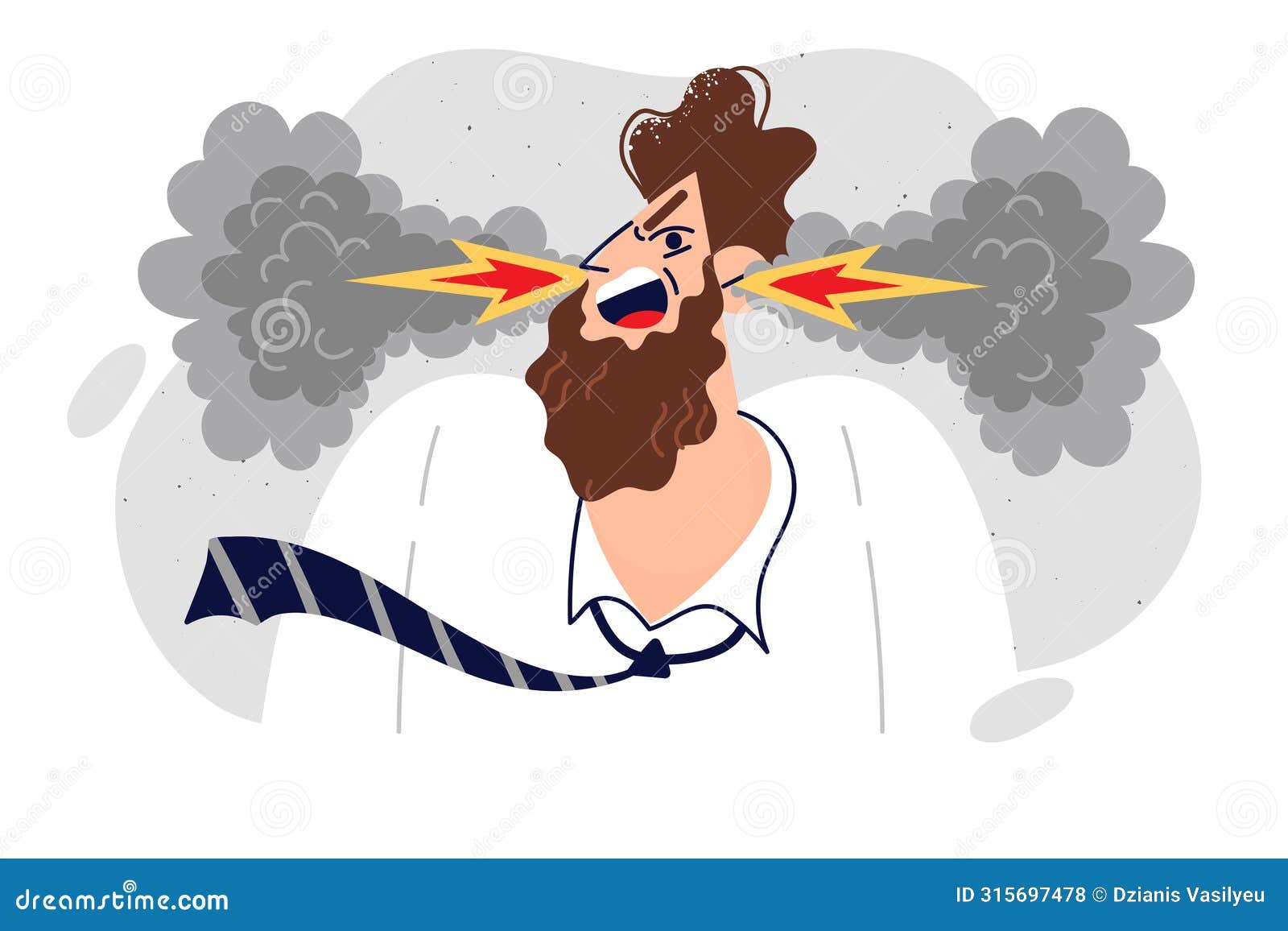 nervous man screams, experiencing irritation and aggression, blows smoke and flames from ears