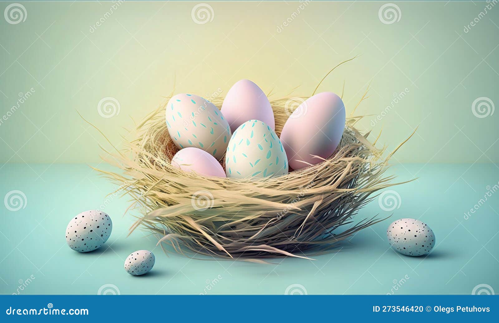 A Nest of Eggs with Blue Speckles on a Light Blue Background, with