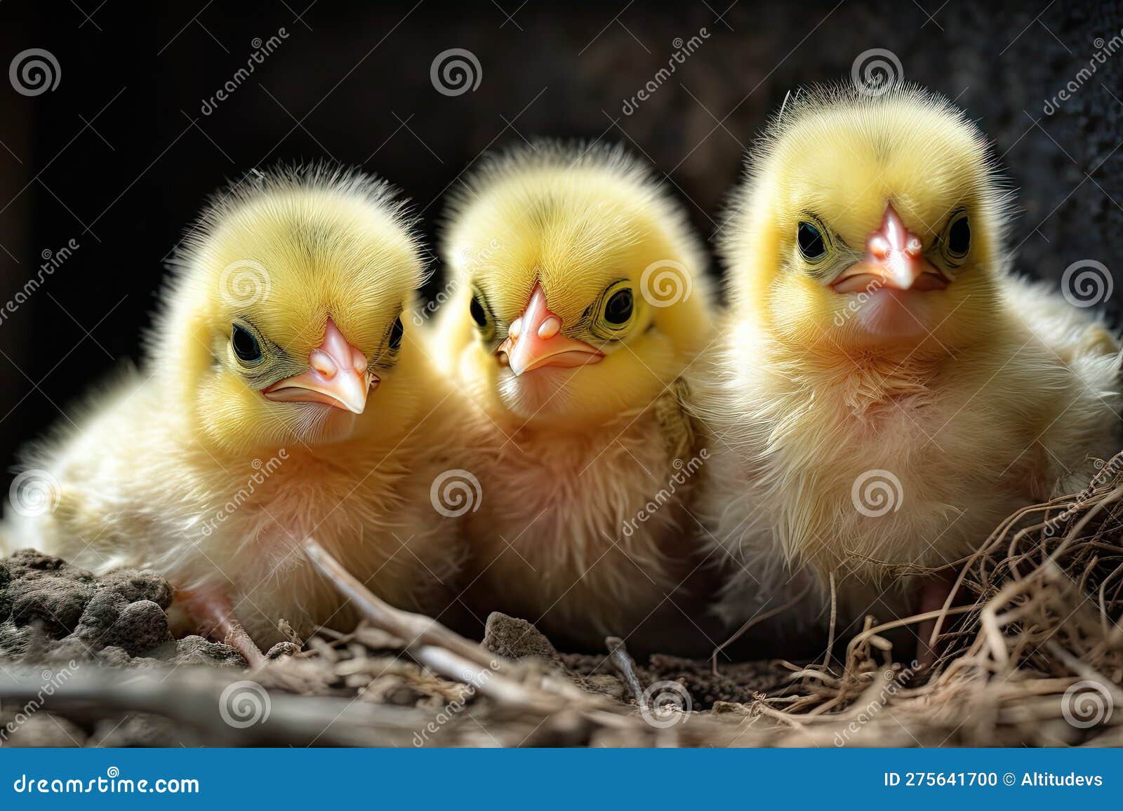 nest of fluffy yellow chicks with their beaks open, ready to chirp