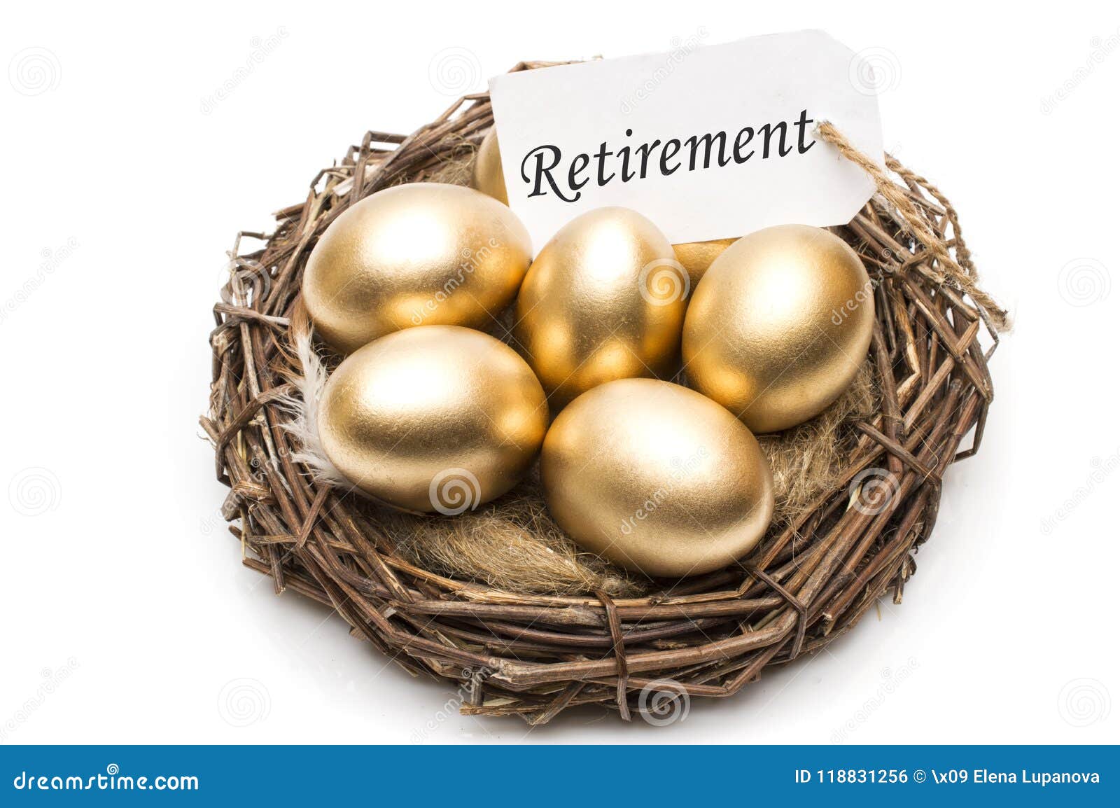 Nest with golden eggs with a tag and a word retirement on a white background