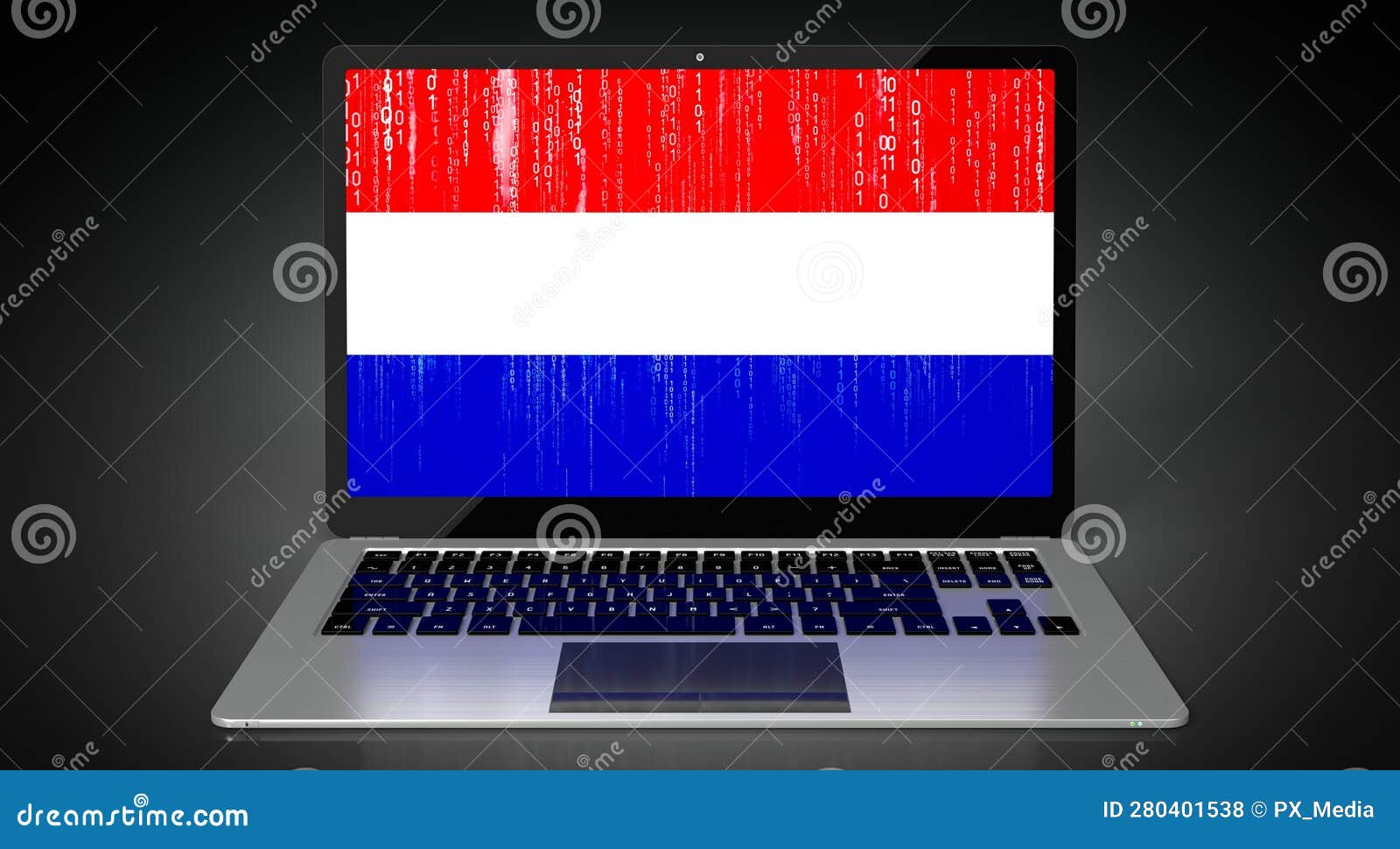 Netherlands Country Flag and Binary Code on Laptop Screen Stock