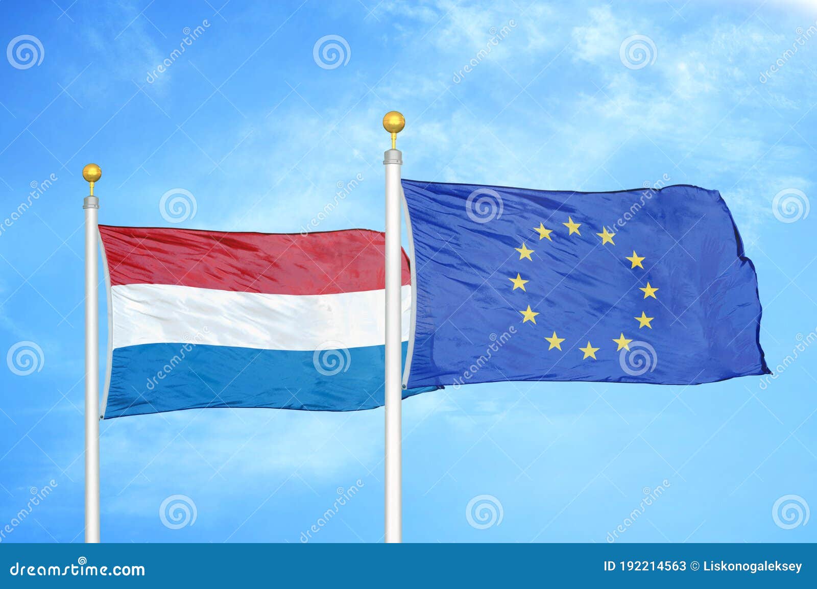 Netherlands and European Union Two Flags on Flagpoles and Blue Sky ...