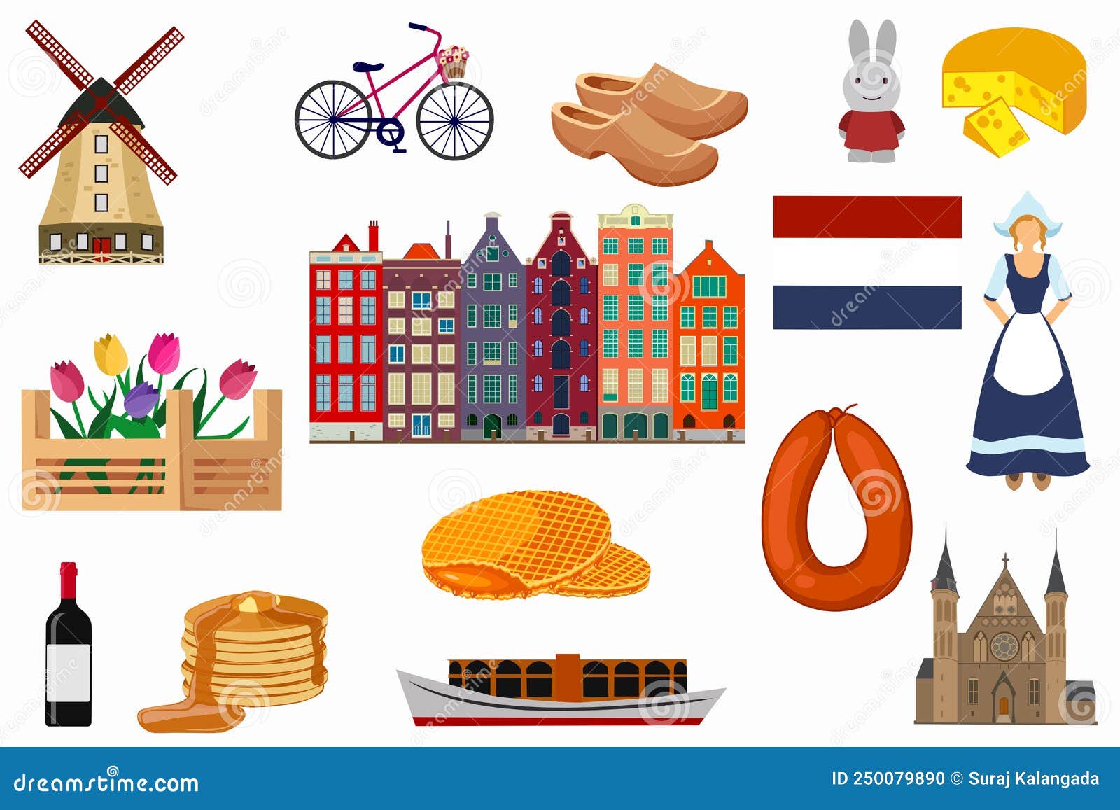 Netherlands Famous Things Illustration Set. Dutch, Netherlands Set