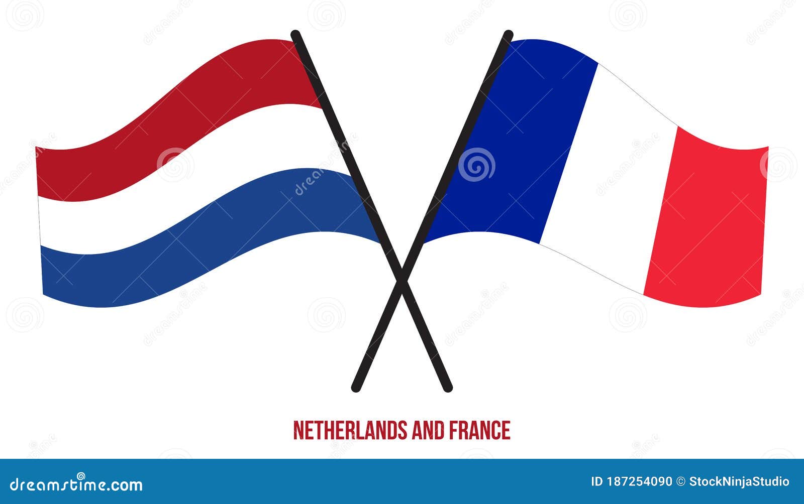 Netherlands and France Flags Crossed and Waving Flat Style. Official