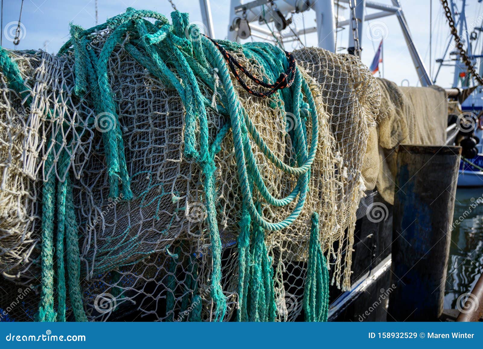Nets and Ropes, Equipment on a Fishing Boat in the Harbor Stock