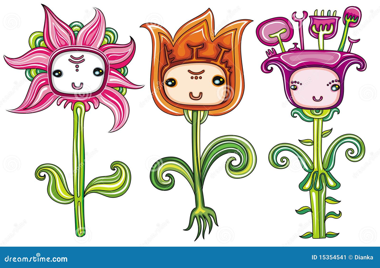 Nette Blumen Mit Lustigen Gesichtern Vektor Abbildung Illustration